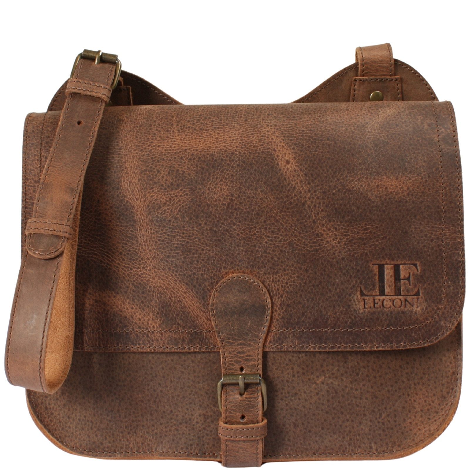 LECONI Umhängetasche Schultertasche Damen Herren Ledertasche Echt Leder klein LE3061, Schnallenverschluss – verstellbarer Schulterriemen – 29×23×11 cm