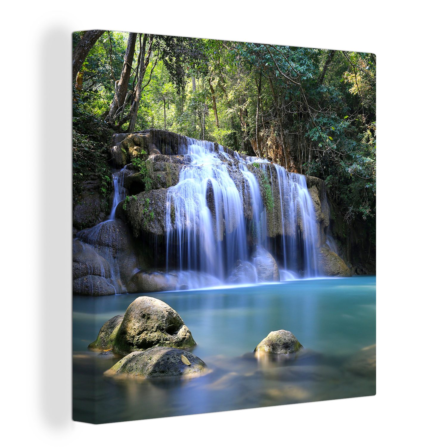 OneMillionCanvasses® Leinwandbild Felsen unter den Wasserfällen des Erawan-Nationalparks, (1 St), Leinwand Bilder für Wohnzimmer Schlafzimmer