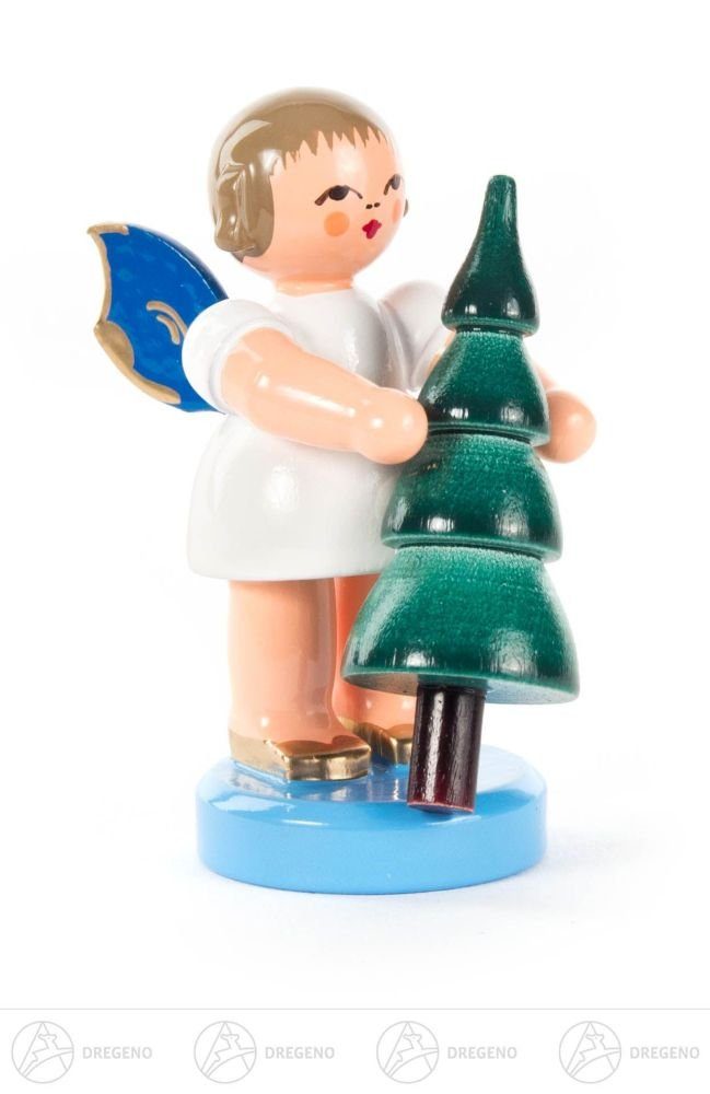 Dregeno Erzgebirge Engelfigur Engel mit Weihnachtsbaum stehend blaue Flügel Höhe ca 6 cm NEU