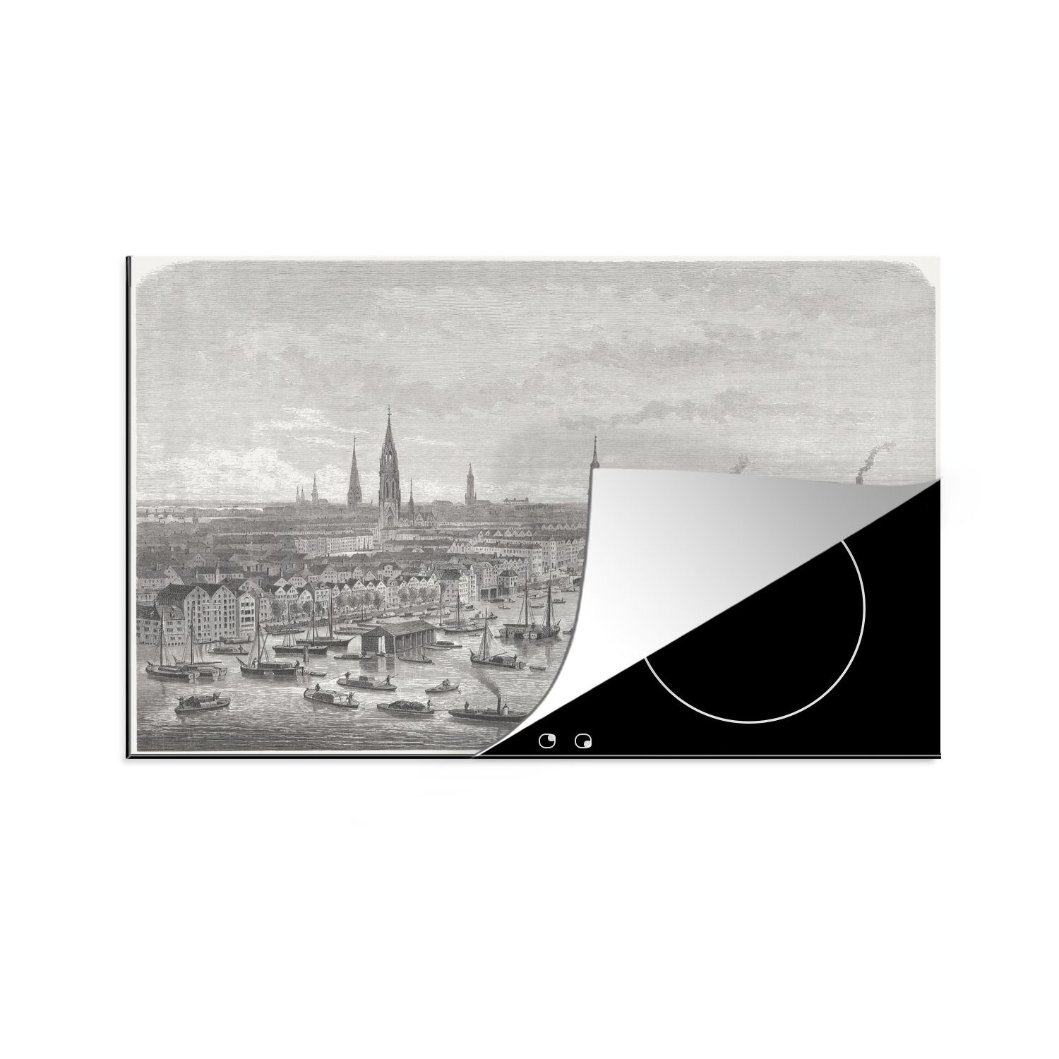 MuchoWow Herdblende-/Abdeckplatte Eine schwarz-weiße Illustration der Skyline von Hamburg, Vinyl, (1 tlg), 81x52 cm, Induktionskochfeld Schutz für die küche, Ceranfeldabdeckung