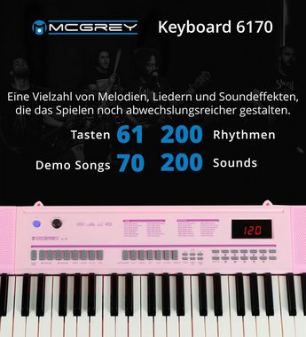 McGrey Home Keyboard 6170 Akku-Keyboard - 61 Tasten-Keyboard mit integriertem Akku, (Spar-Set, inkl. X-Ständer, Kopfhörer & Keyboardschule), MP3-Player via USB-Stick mit Begleitautomatik & Lernfunktion