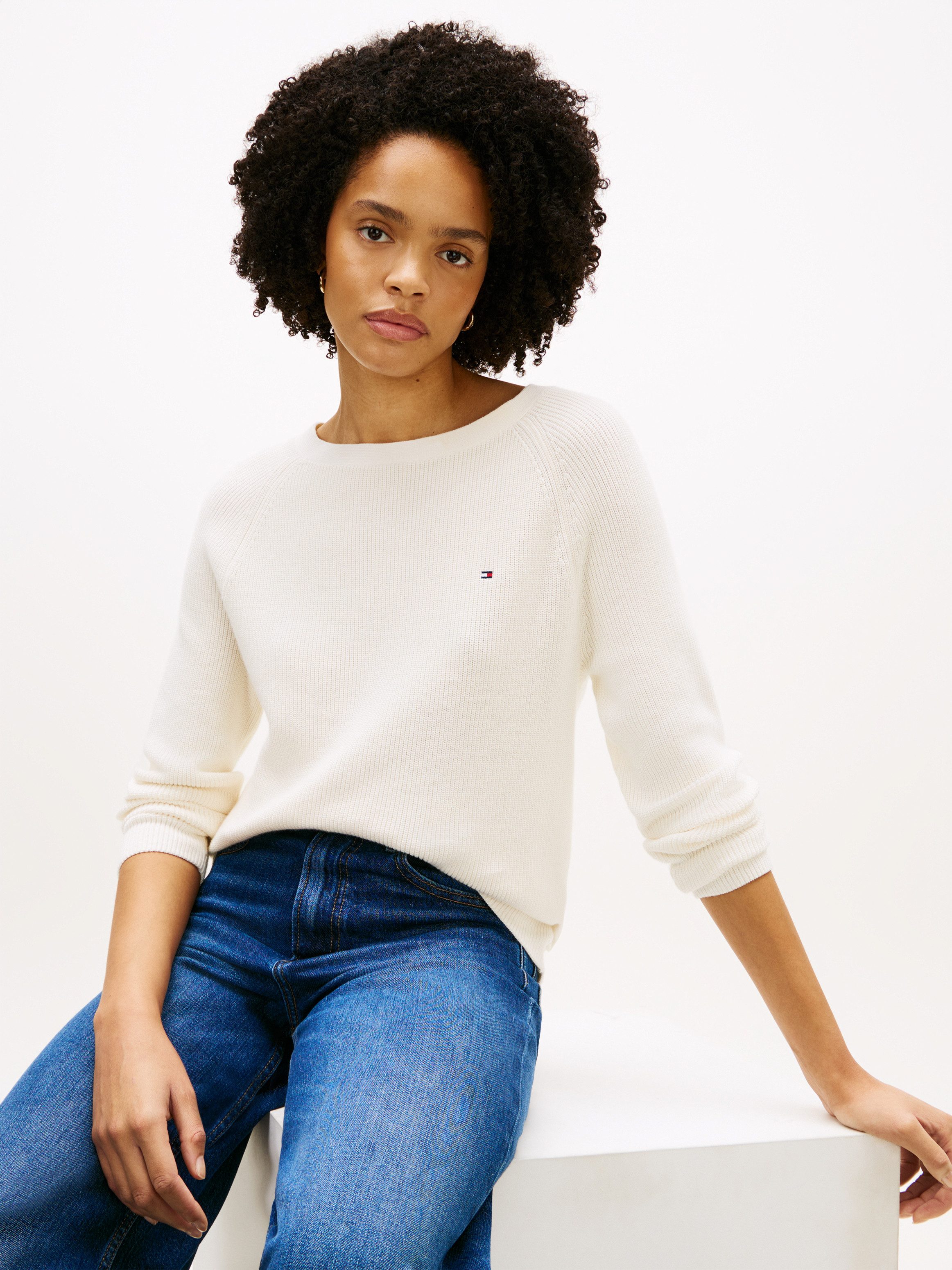 Tommy Hilfiger Strickpullover CO CARDI FINE GG LS BOAT-NK SWT mit Raglanärmel, Logostickerei