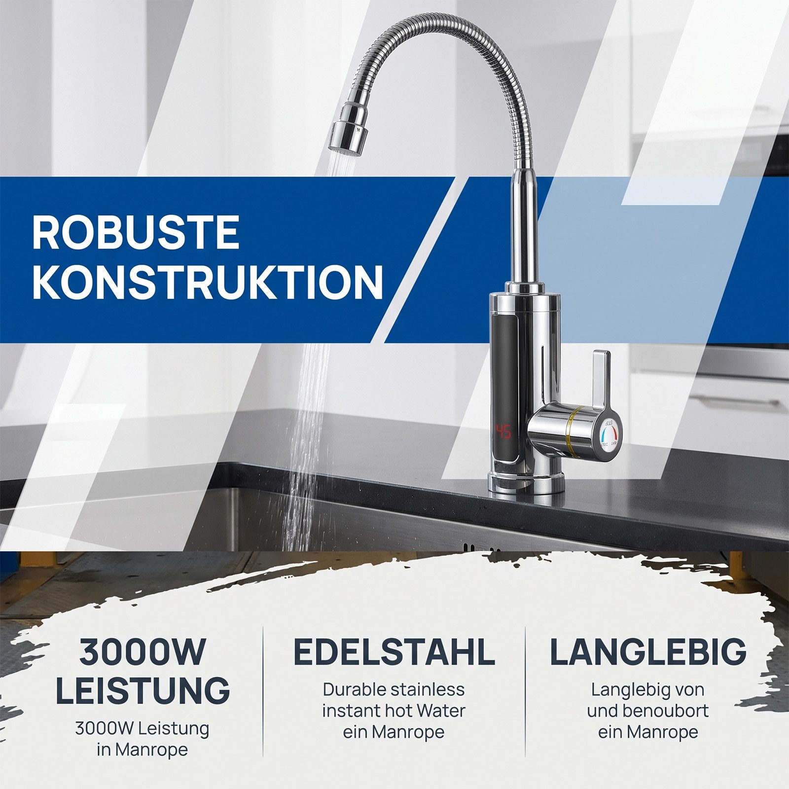 AKKEE Küchenarmatur Elektrischer Wasserhahn mit Durchlauferhitzer 360° Drehbarer LED Edelstahl Wasserhahn Küche LED Temperaturanzeige, Schnelles Aufheizen – Bild 2 von 5