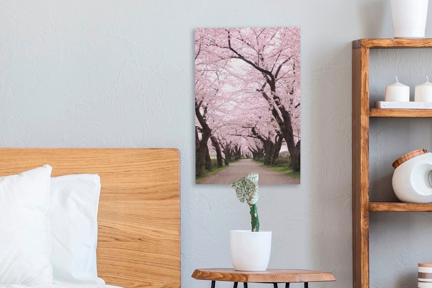 OneMillionCanvasses® Gemälde, am cm 20x30 fertig bespannt St), Leinwandbild Straßenrand, (1 Zackenaufhänger, inkl. Kirschblüte Leinwandbild