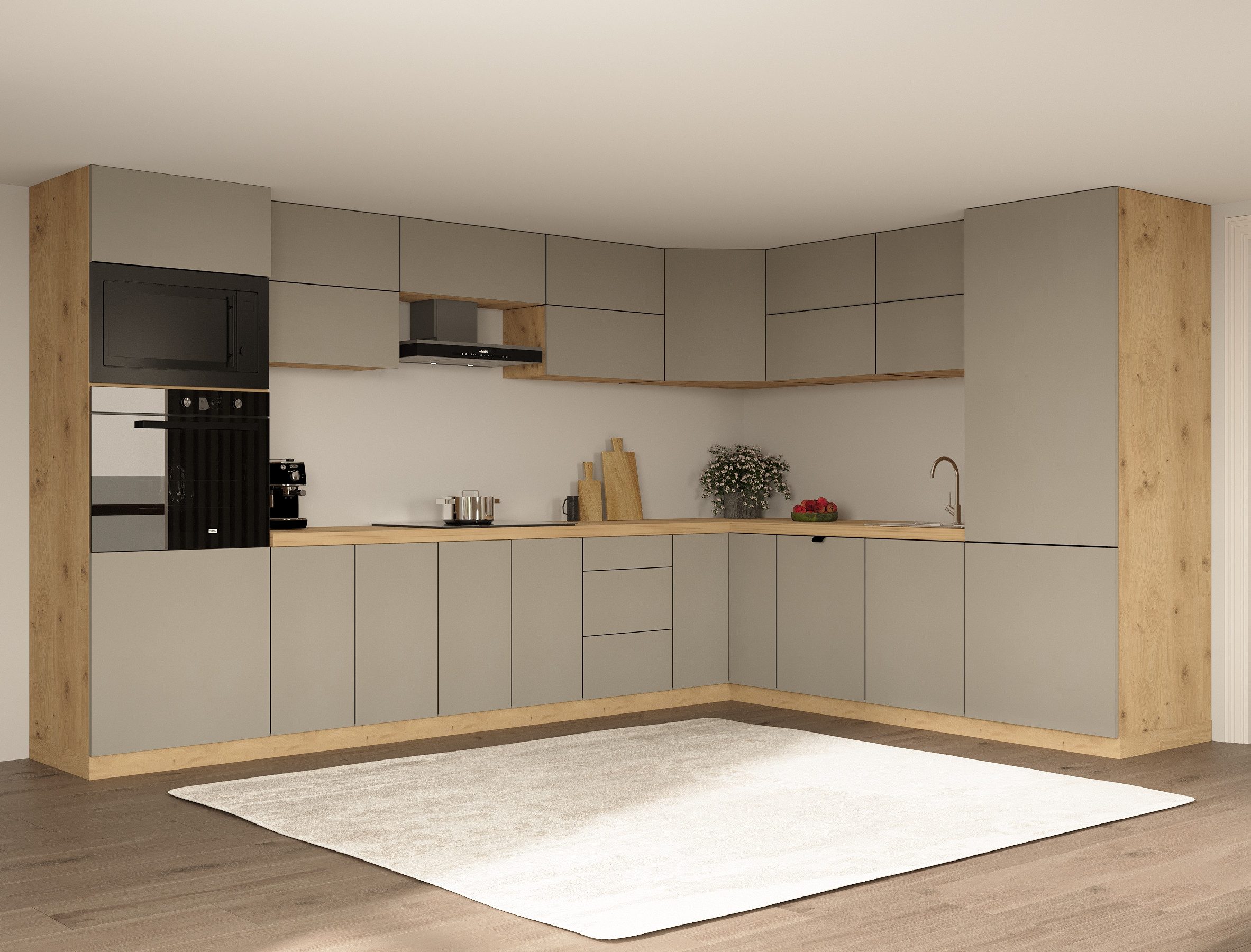 ROYAL24_MARKT Winkelküche - KL11-M360 - Nexa 360 x 260 cm – Grau / Beige / Woodline Matt, (Komplett Set), Premium - Modern - Exzellent