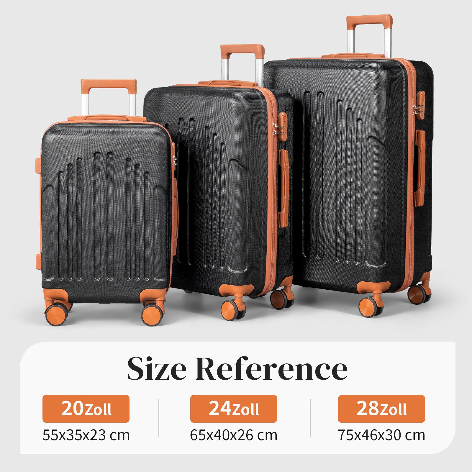 LALAHO Trolleyset Kofferset Hartschalenkoffer Trolley 360° Rollen, 4 Rollen, (3 tlg), Reisekoffer Set mit Handgepäck, Koffer & Trolleys, Schwarz