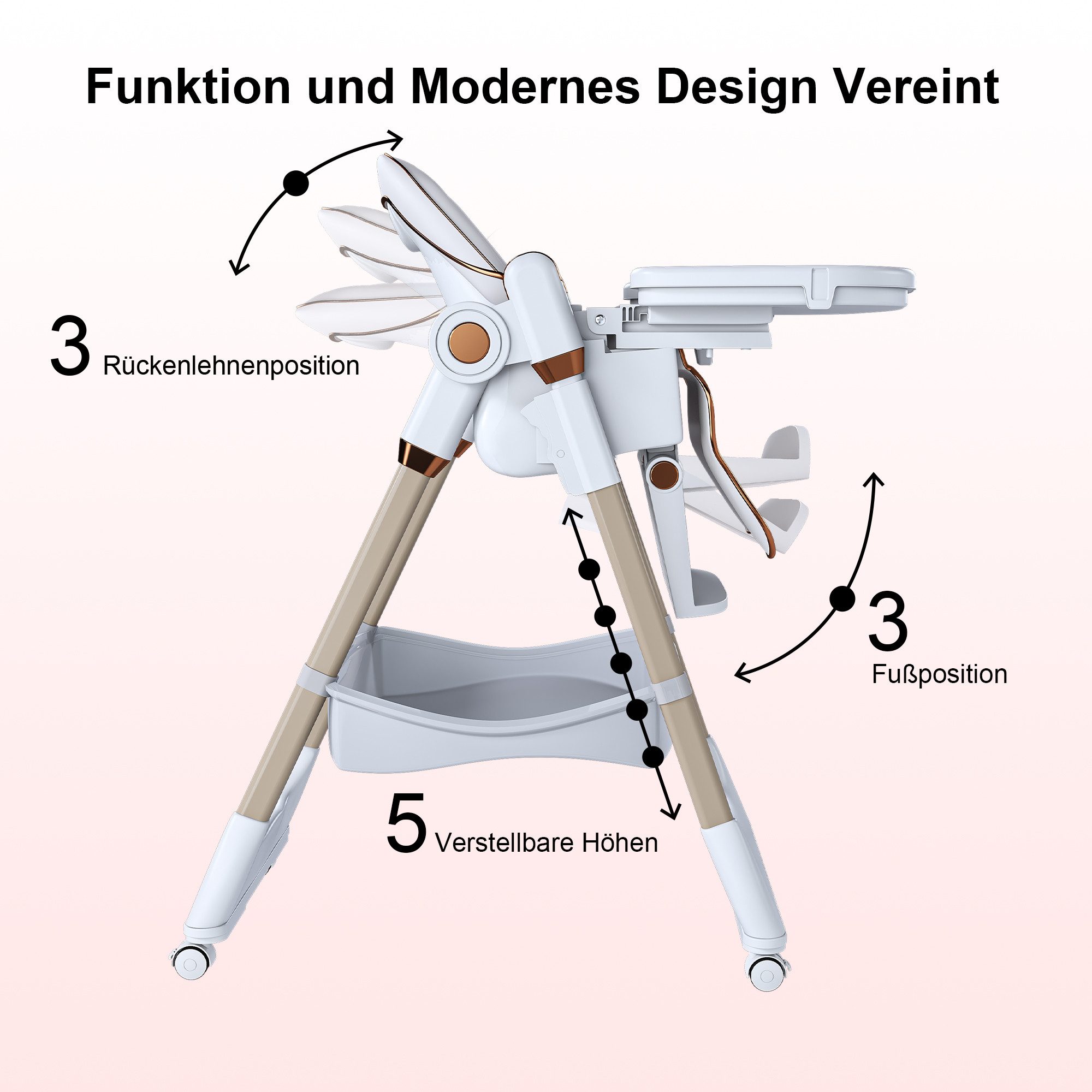 KLAM HOME Kinderklappstuhl Kinderstuhl 6-36 Monate, bis 45kg, faltbar & vielfach verstellbar (Sicherer Kinderklappstuhl mit 5-Punkt-Gurt, Feststellrädern & Tabl – Bild 5 von 5