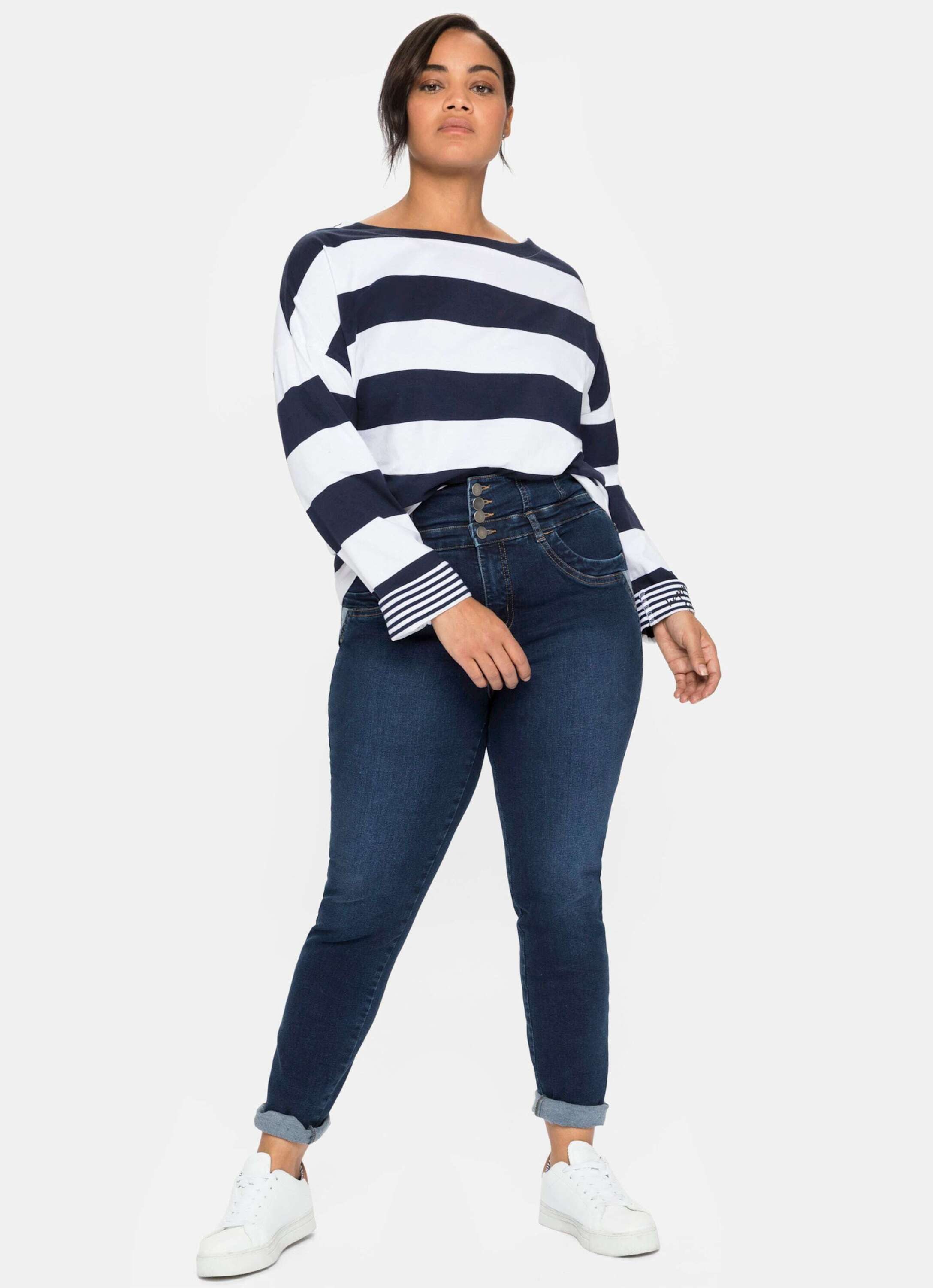 Sheego T-Shirt Langarmshirt Langarm mit Blockstreifen und U-Boot-Ausschnitt