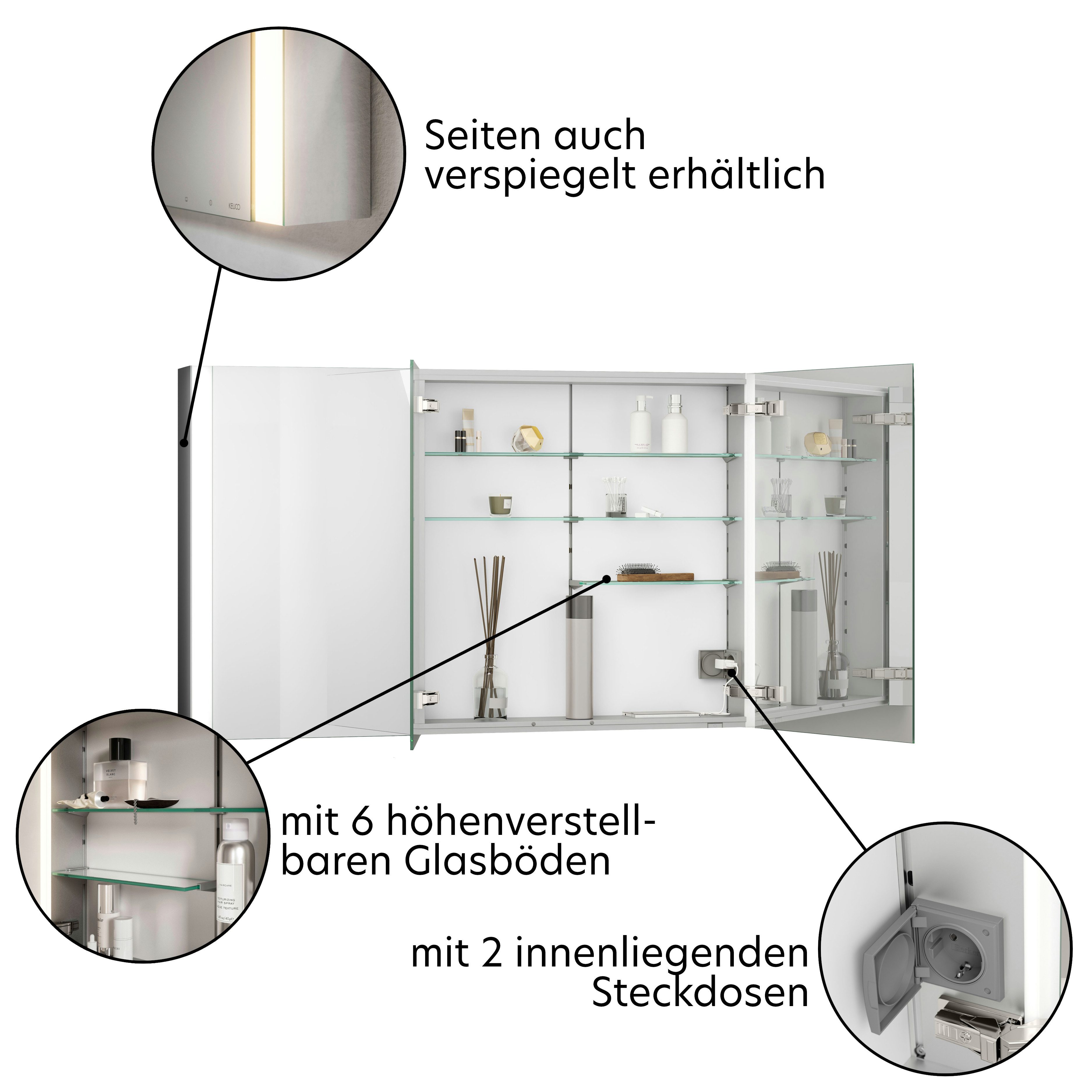 Keuco Badezimmerspiegelschrank Royal Finn mit LED-Beleuchtung und Spiegelheizung 120 cm, Aufputz, mit 3 Türen, aus Aluminium, Seiten verspiegelt