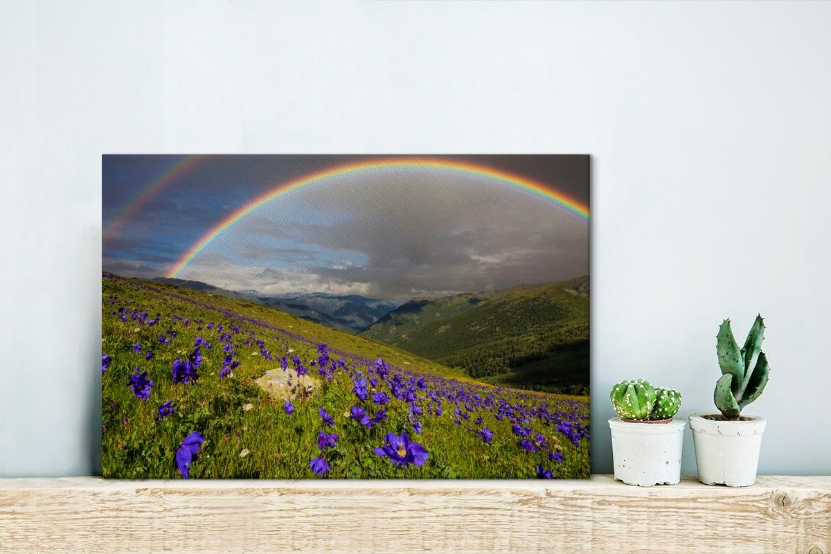 den Leinwandbilder, (1 der Aufhängefertig, Wandbild 30x20 Wanddeko, auf lila Leinwandbild Ein OneMillionCanvasses® cm Pflanzen Regenbogen über St), Wiese,