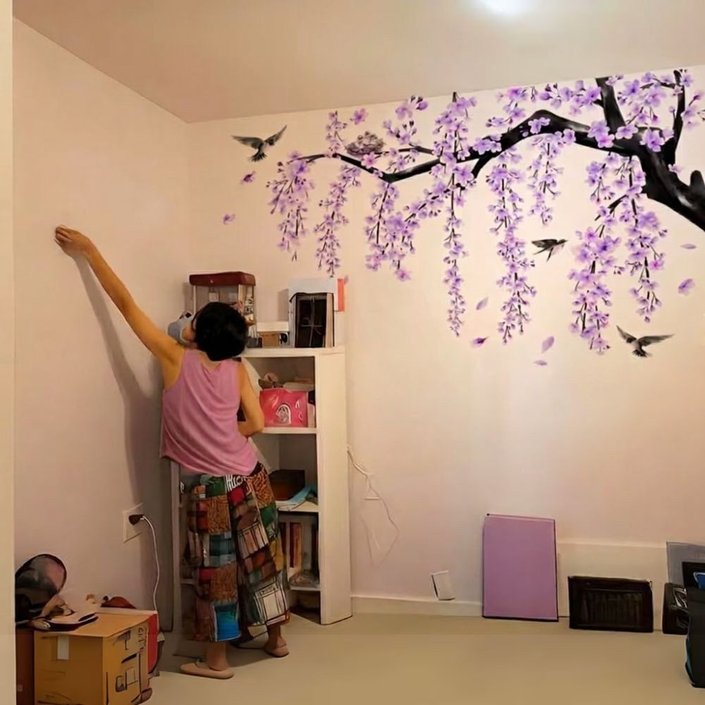 Montegoni Wandsticker Lila Kirschblüten Wandsticker Vögel Blumen Wandtattoo Wohnzimmer (Mehrteiliges Wandtattoo Set, 4 Stück Blumen Wandsticker), Selbstklebend farbstabil elegant asiatisch inspiriert