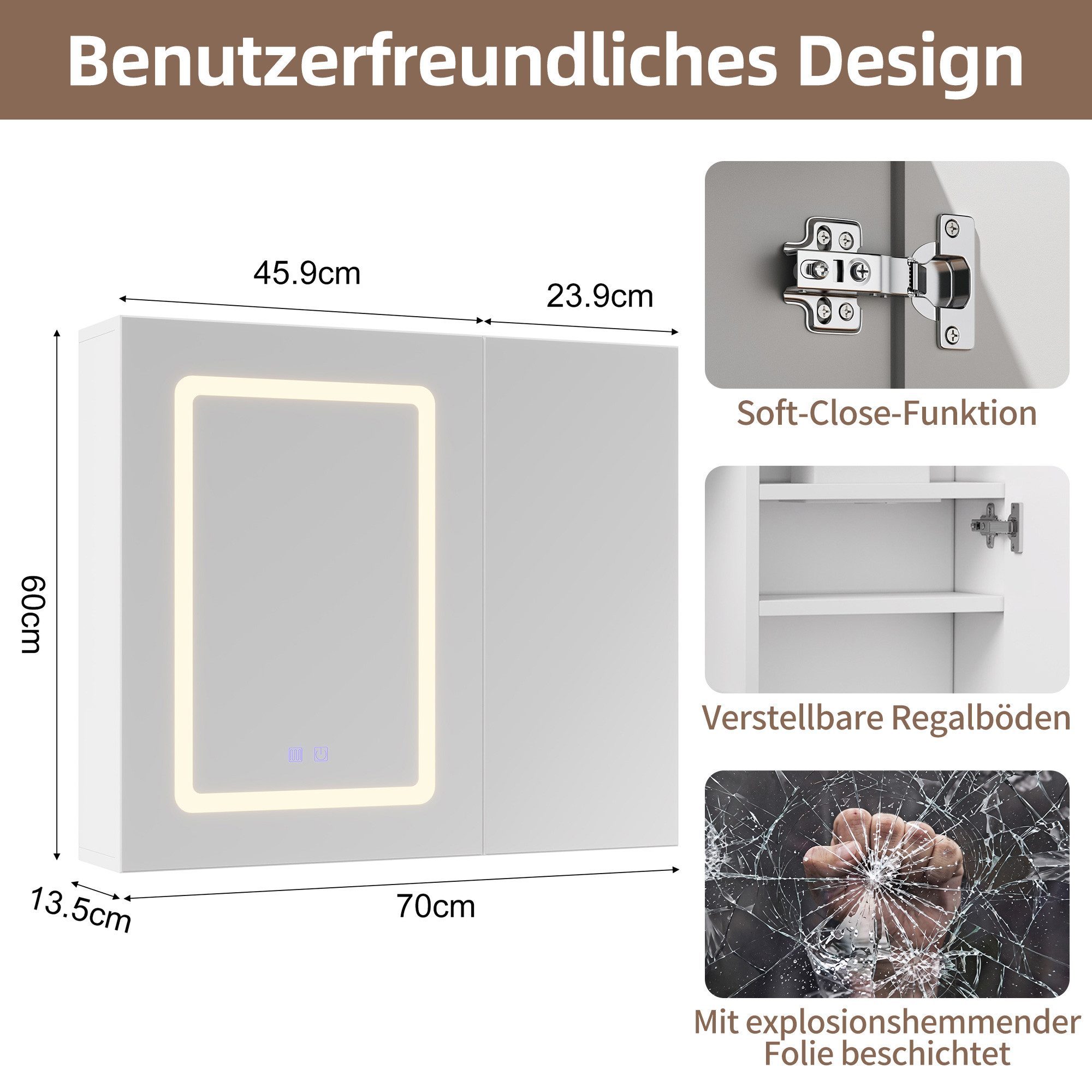 Simurq Badezimmerspiegelschrank Spiegelschrank Bad 70cm Mit LED & Anti-Beschlag,Doppelseitiger Spiegel – Bild 2 von 5