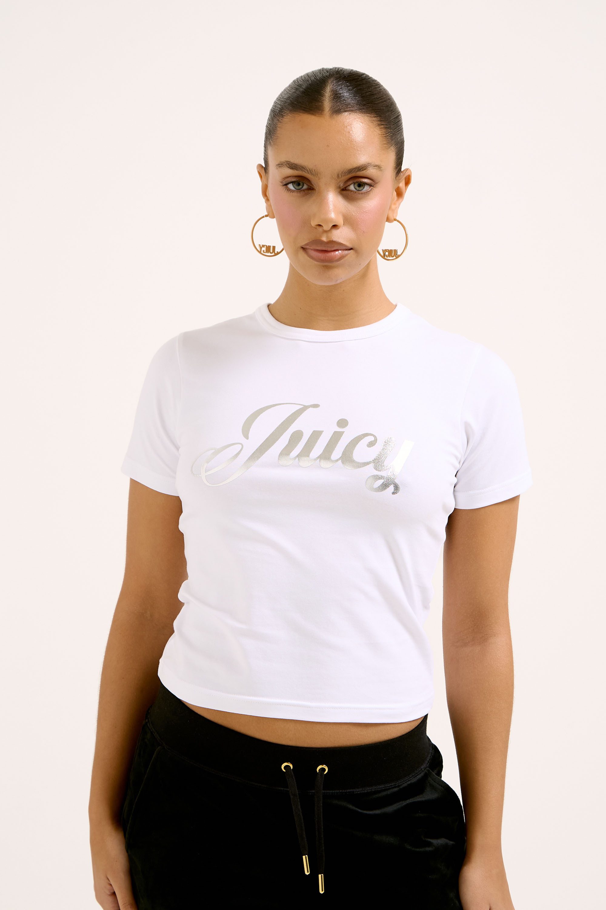 Juicy Couture T-Shirt FOIL JUICY FITTED TEE Damen T-Shirt Damen mit metallischem Folienprint