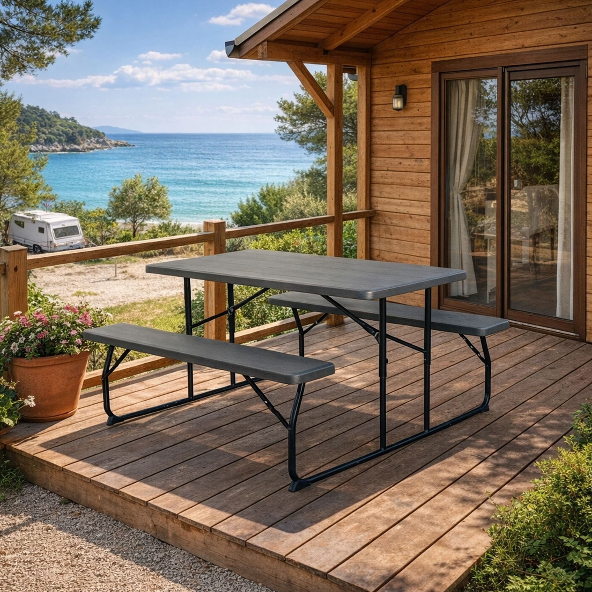 Leco Bierzeltgarnitur Bierzeltgarnitur Carina anthrazit klappbar - flexibel verwendbar, (1 Tisch, 2 Bänke, 4 Sitzplätze), Bestehend aus 2 Bänken und 1 Tisch, für 4 Personen