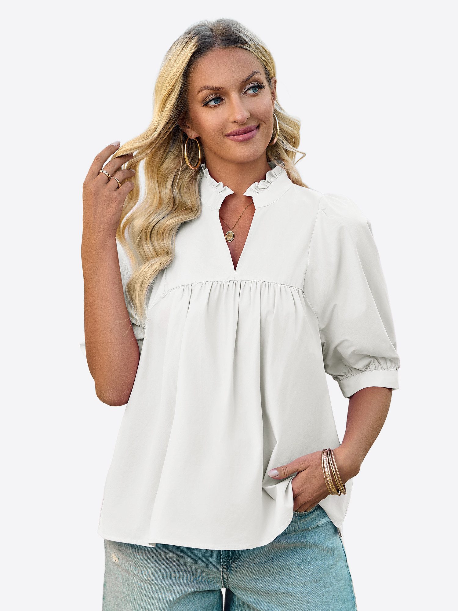 Imily Bela Blusentop Damen V-Ausschnitt Bluse mit Puffärmeln (Packung, 1-tlg., 1per-Pack) Rüschen Besatzung