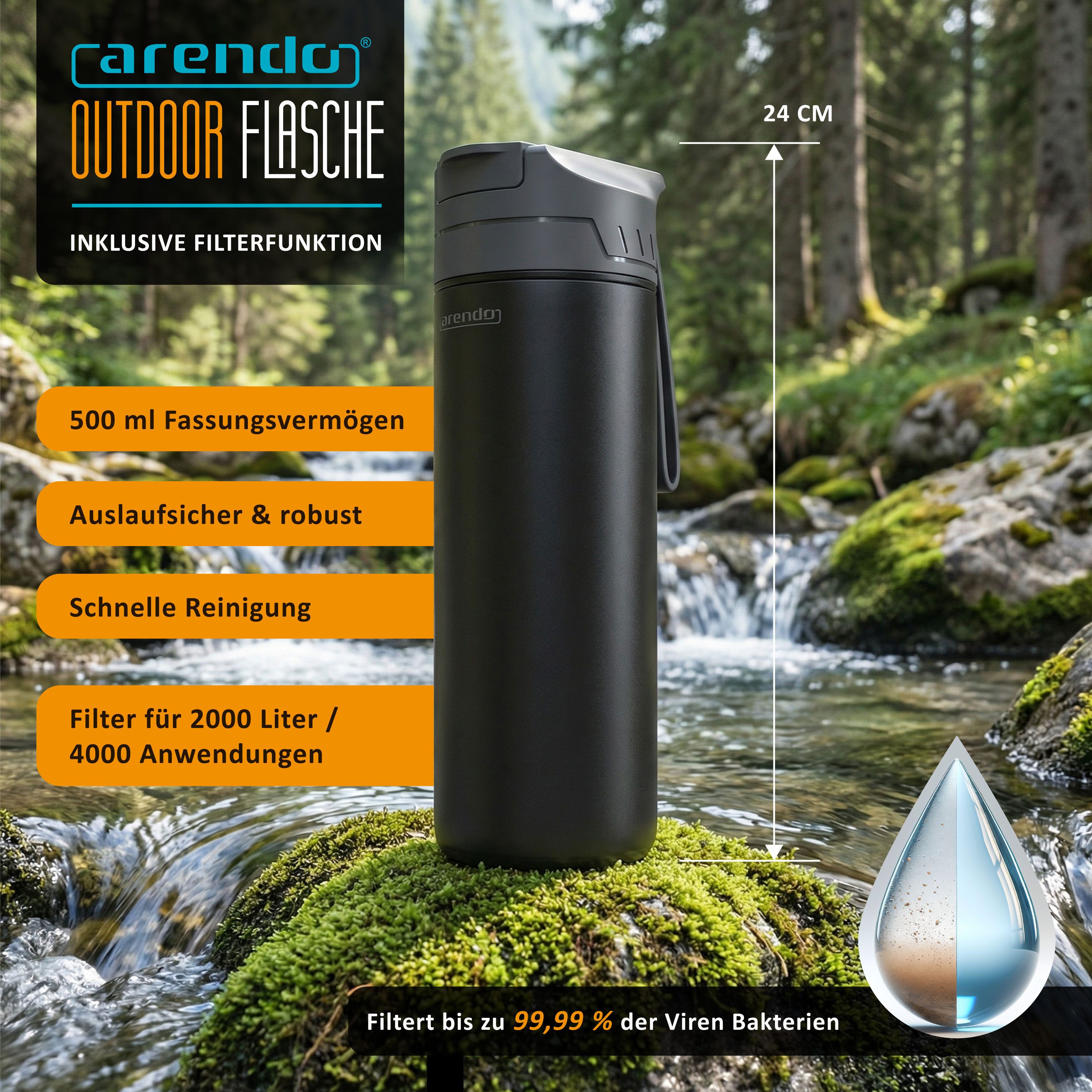 Arendo Trinkflasche Outdoor-Wasserfilterflasche 750 ml, Easy-Press, mit Karabiner, 1500 l, bis 99,99 % Viren/Bakterien, Mikroplastik & viele Chemikalien