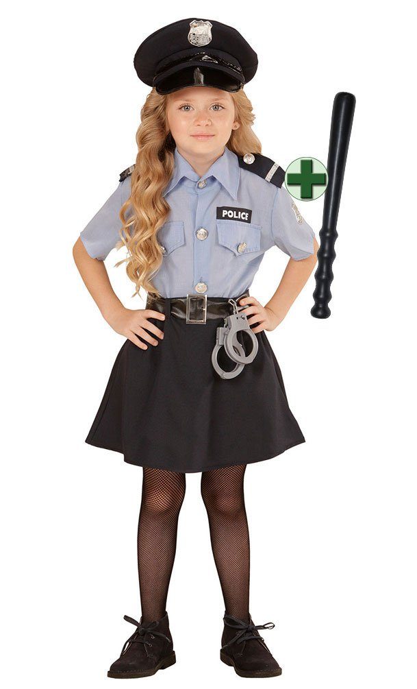 Karneval-Klamotten Polizei-Kostüm Polizistin Cop Uniform Mädchen mit Polizeistock, Kinderkostüm Komplett Polizei Mütze und Polizeistock Faschingskostüm