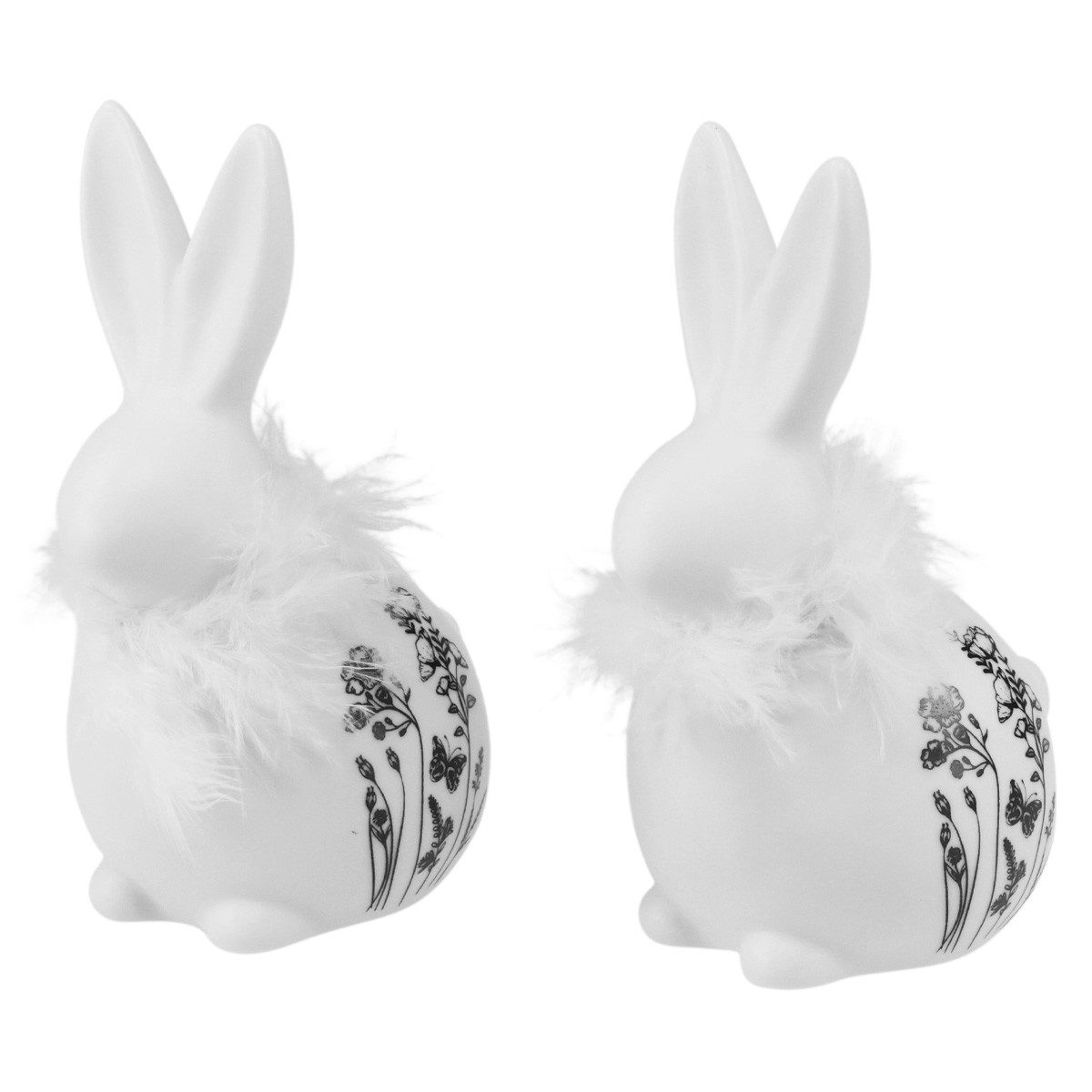 Osterhase Keramikhasen Weiß Sitzend Osterdeko Blumen Federn Tischdeko 9×7×14cm