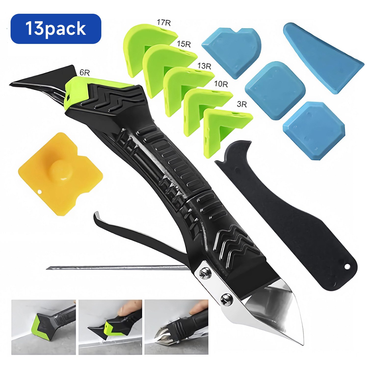 Refined Living Multitool 13-tlg Silikon Abzieher Werkzeug Set 5 in 1, Fugenkratzer, Fugen-Set, (Silikonentferner, 6 Auswechselbar Silikonpads Dichtungsdüsen, für Küche Bad Boden Spüle Fenster Abdichtung, Montagewerkzeug), mit Fugenglätter, Silikonschaber und Edelstahl Fugenmesser