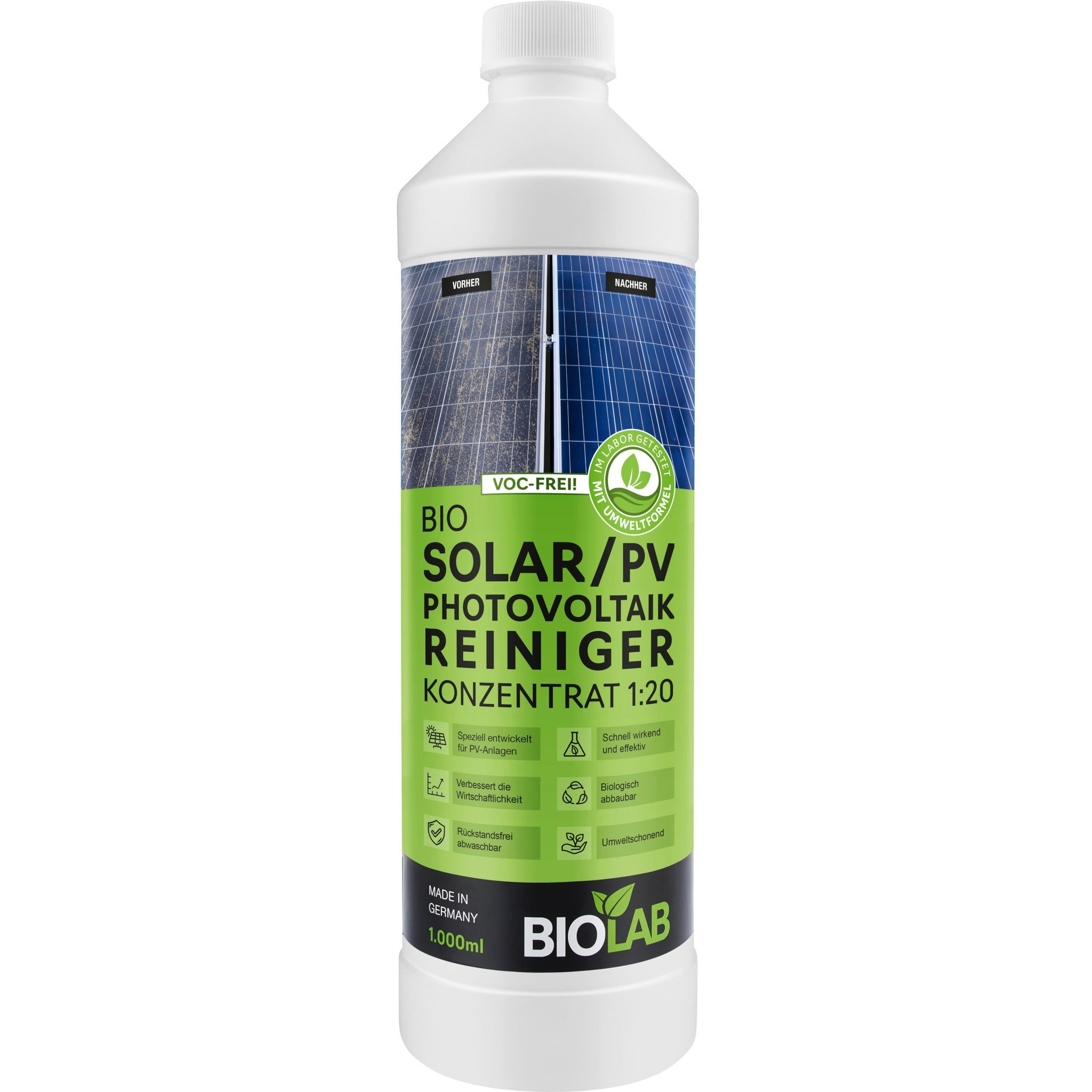 Reinigungskonzentrat Solarreiniger) 1:20 ml und Bio Solar Reinigungsmittel Konzentrat BIOLAB (1-St. PV Reiniger Photovoltaik Solaranlagen 1000