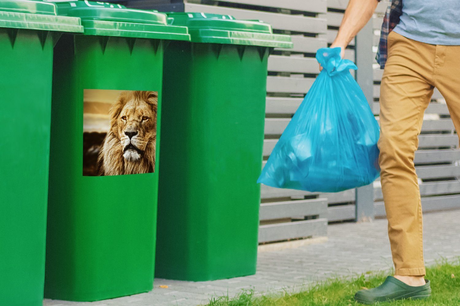 Löwen (1 Abfalbehälter - Container, St), Mülltonne, Sonnenuntergang - Wandsticker Mülleimer-aufkleber, MuchoWow Sticker, Profil