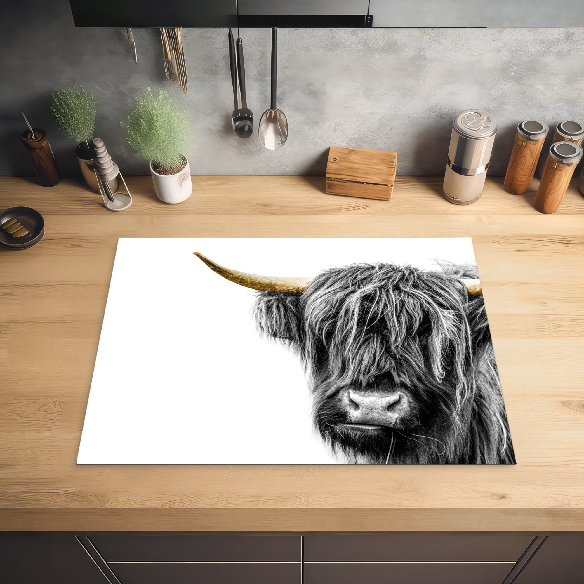 MuchoWow Herdblende-/Abdeckplatte Schottischer Highlander cm, Vinyl, die Tiere - - (1 Schutz - Ceranfeldabdeckung für Induktionskochfeld Schwarz küche, Gold, 71x52 tlg)