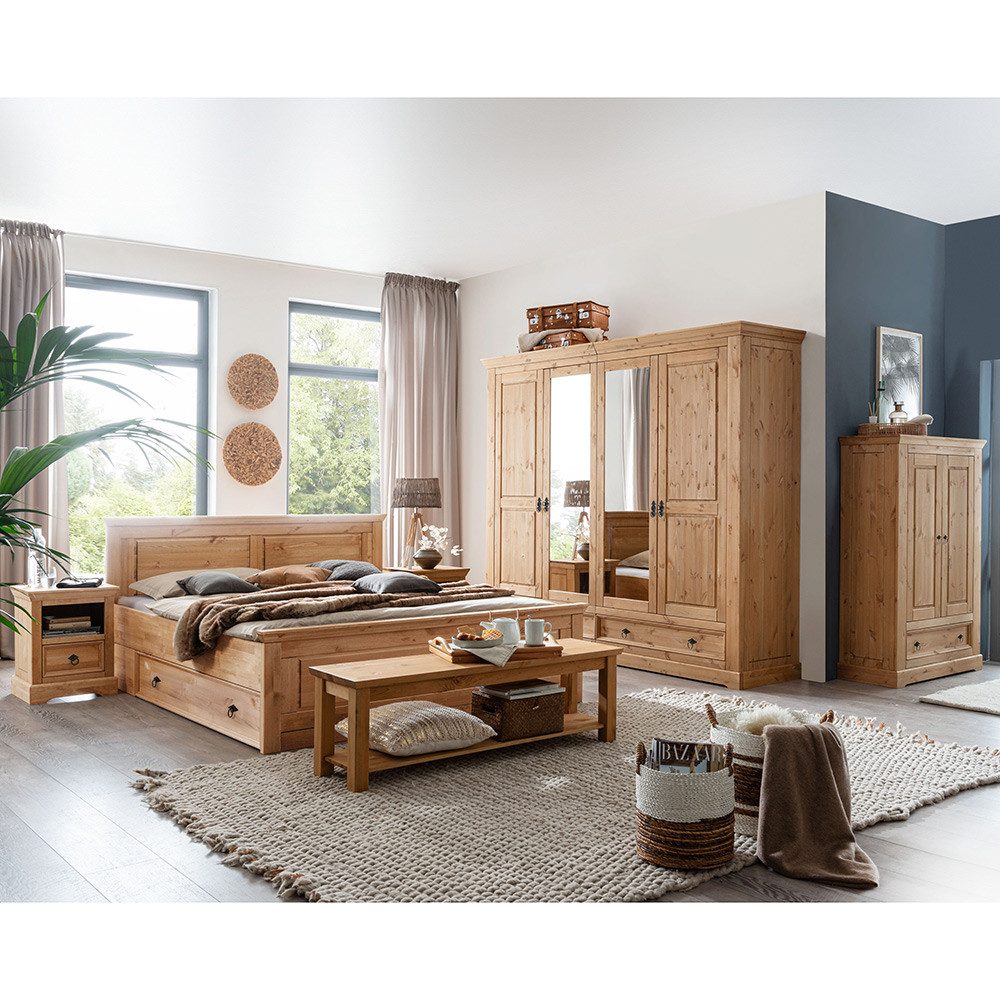 Lomadox Schlafzimmer-Set STEINKJER-69, (Spar-Set, 8-tlg., Kleiderschrank Bettgestell Bettschubladen Bettbank Nachttische), aus Kiefer massiv, eichefarben geölt, Bett 180x200cm