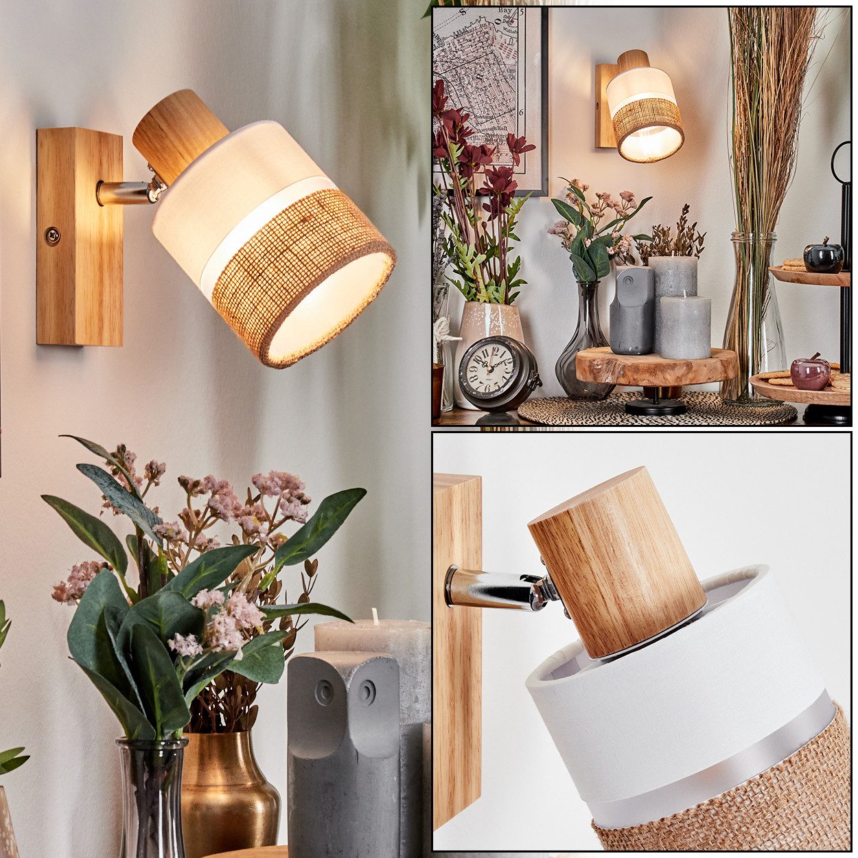 hofstein Wandleuchte Wandlampe aus Holz/Metall/Stoff/Leinen in Natur/Chrom/Weiß/Klar, ohne Leuchtmittel, verstellbare Wandleuchte im modernen Boho-Design (Schirm 9 cm), E14