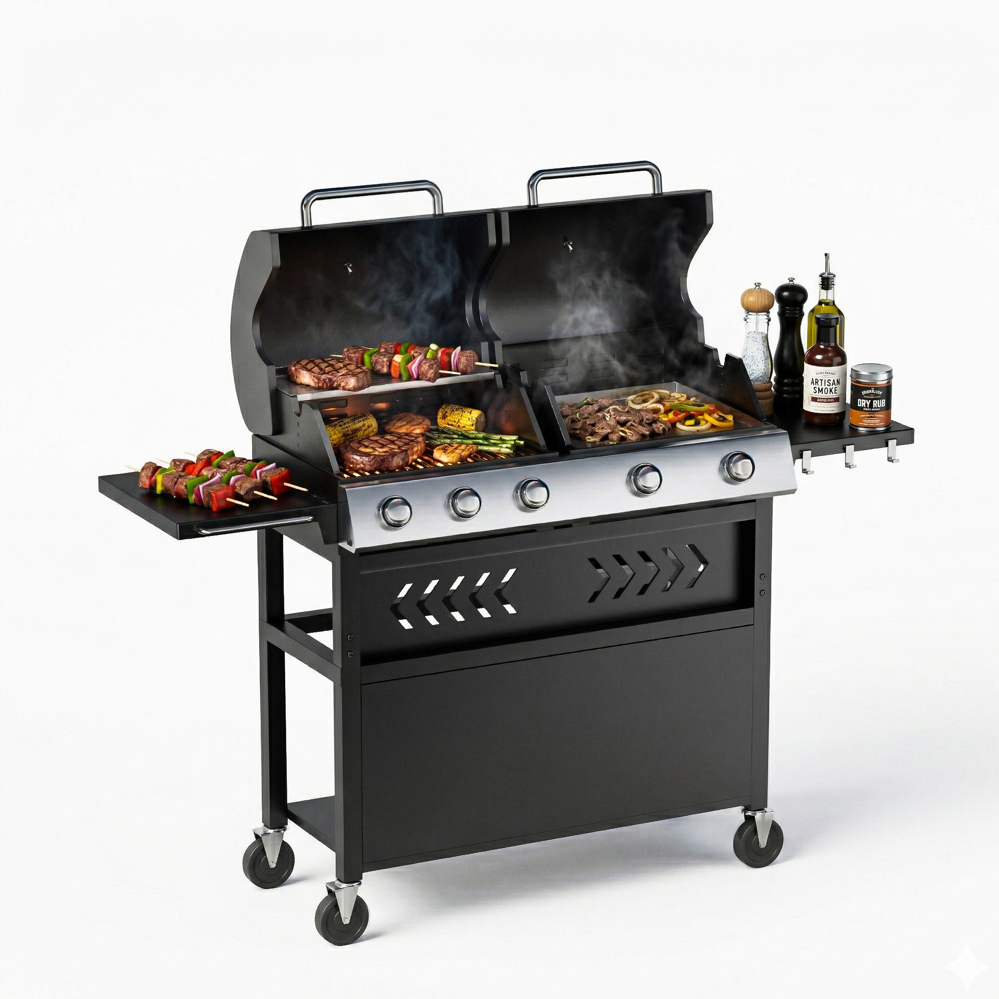 GarveeMore Standgrill 5 Brenner Gasgrill mit Grillplatte, BBQ Grill & Griddle Kombination, Doppeldeckel Gasgrill mit 40.000 BTU
