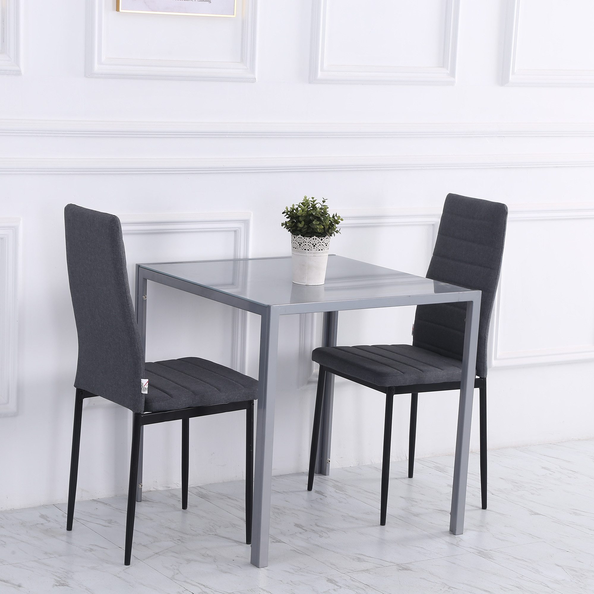 HOMCOM Esstisch Quadratischer Tisch, für 4 Personen, Hartglas mit Metallbeine (Glastisch, 1-St., Küchentisch), für Küche, Esszimmer, Grau, 75 x 75 x 75 cm