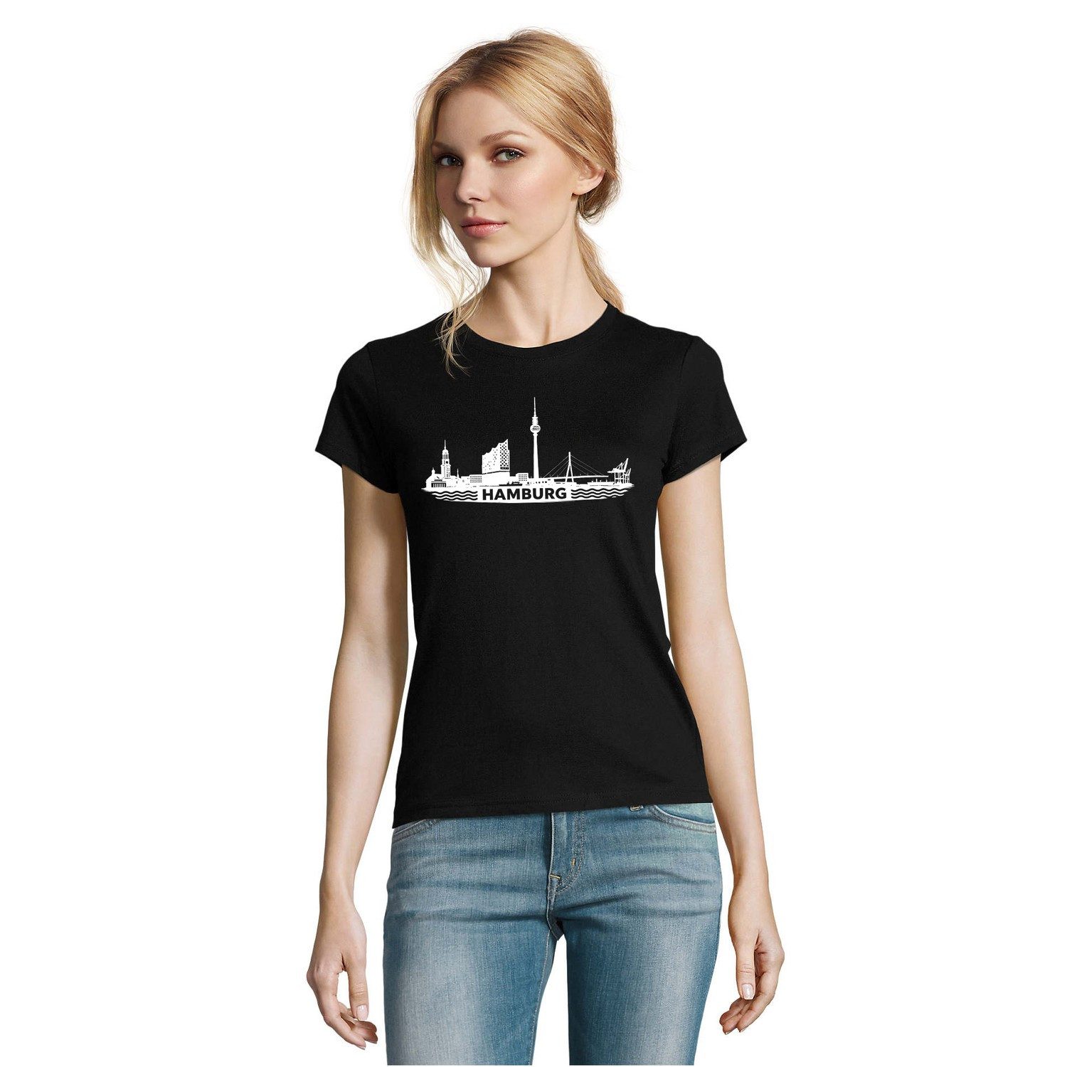 Blondie & Brownie T-Shirt Hamburg Damen Tee Skyline Print Hafenstadt Elbphilharmonie Michel Stil (Einzelstück, Einzelartikel) Hamburg Damen Tee Hafenliebe Edition