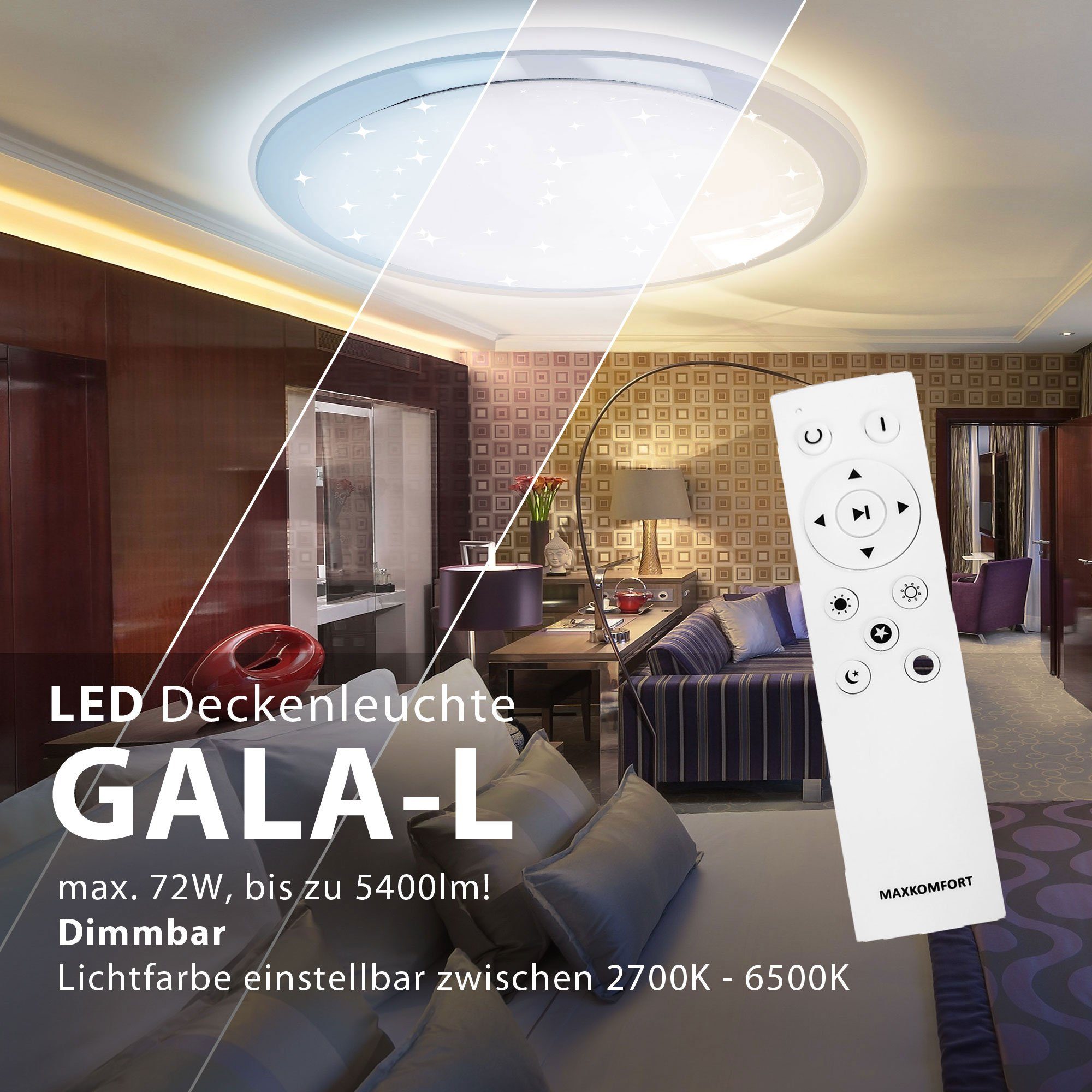 Maxkomfort LED Deckenleuchte GALA mit Sternhimmel Effekt, GALA-72W, LED fest integriert, je nach Variante siehe Bilder, Farbwechsel, Strenenleuchte, LED, Deckenlampe, RGB