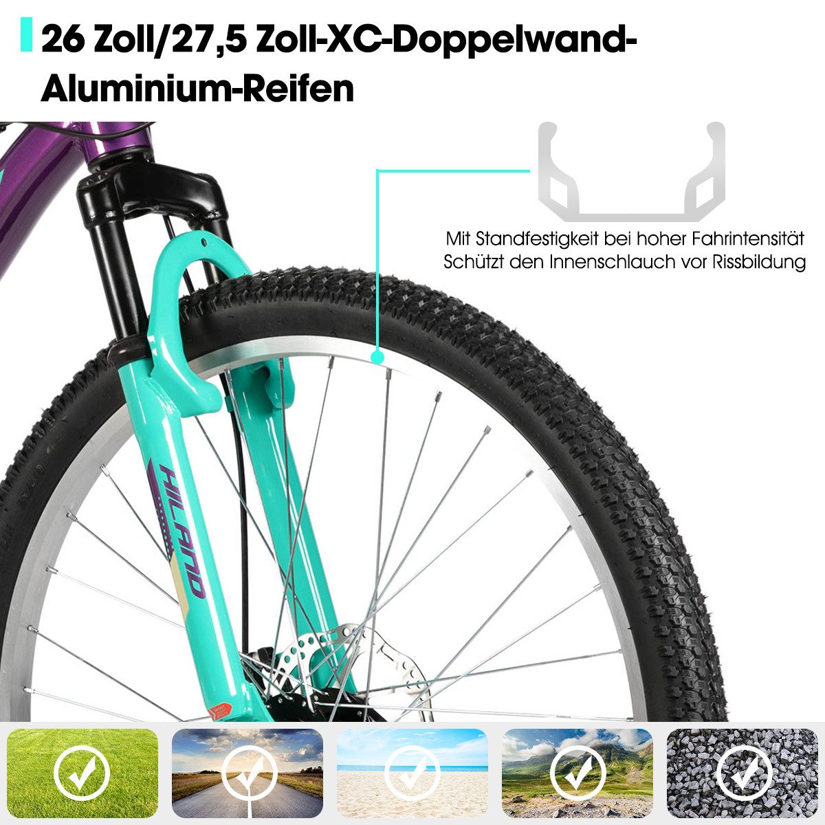 HILAND Mountainbike 26/27,5 Zoll Leichtgewichtiges bike für Frauen Ideal für alle Terrains, 18-Gang mit Lock-Out-Federgabel Dual-Scheibenbremsen, Aluminium-Rahmen