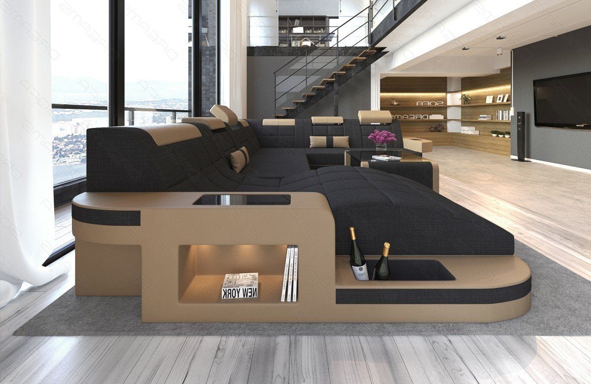 mit Polster Dreams Couch Wohnlandschaft Stoff Bettfunktion Sofa, XXL Wave schwarz-sandbeige Strukturstoff wahlweise Sofa Stoffsofa H