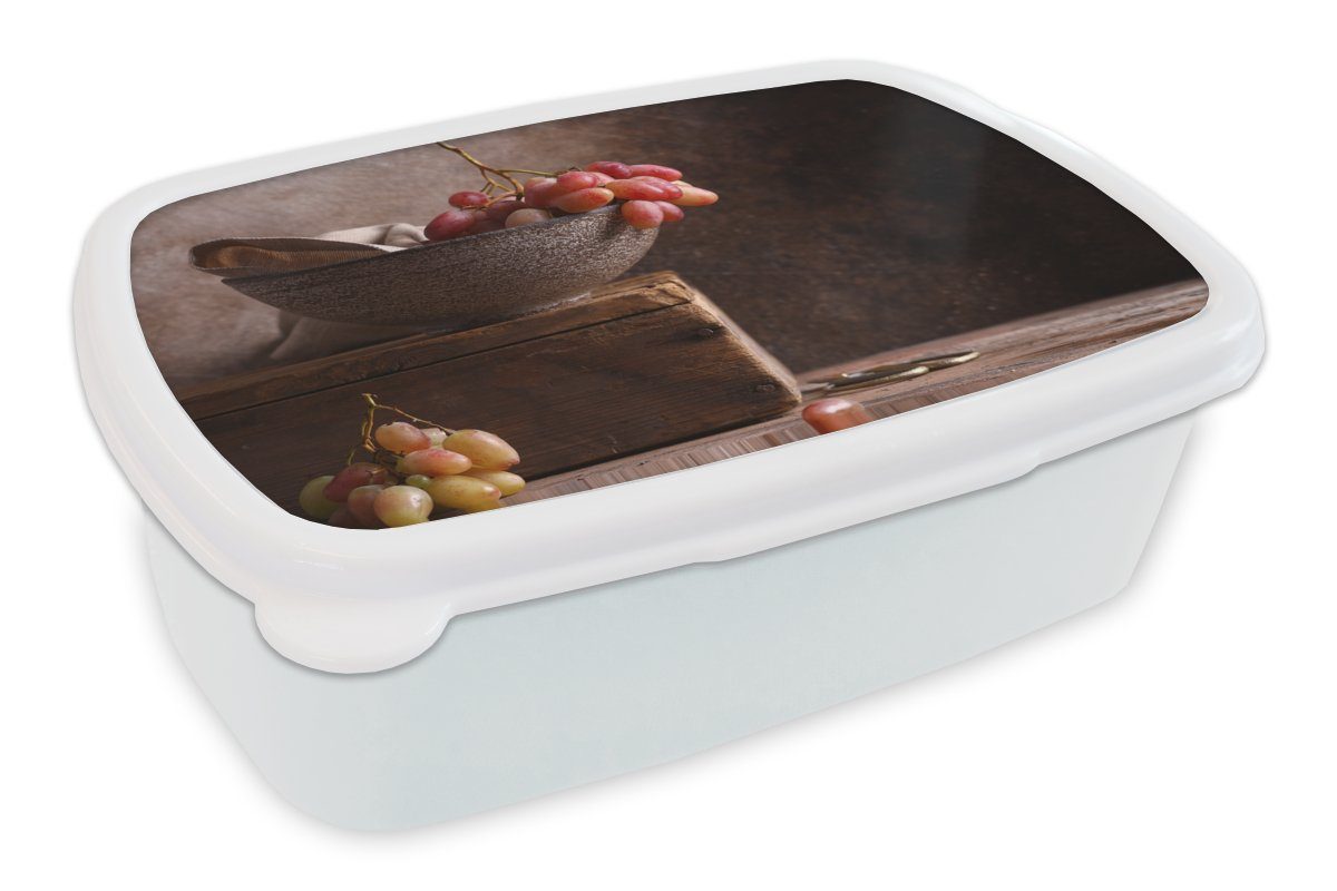 MuchoWow Lunchbox Rustikal - Weintrauben - Schale - Stilleben - Obst, Kunststoff, (2-tlg), Brotbox für Kinder und Erwachsene, Brotdose, für Jungs und Mädchen weiß