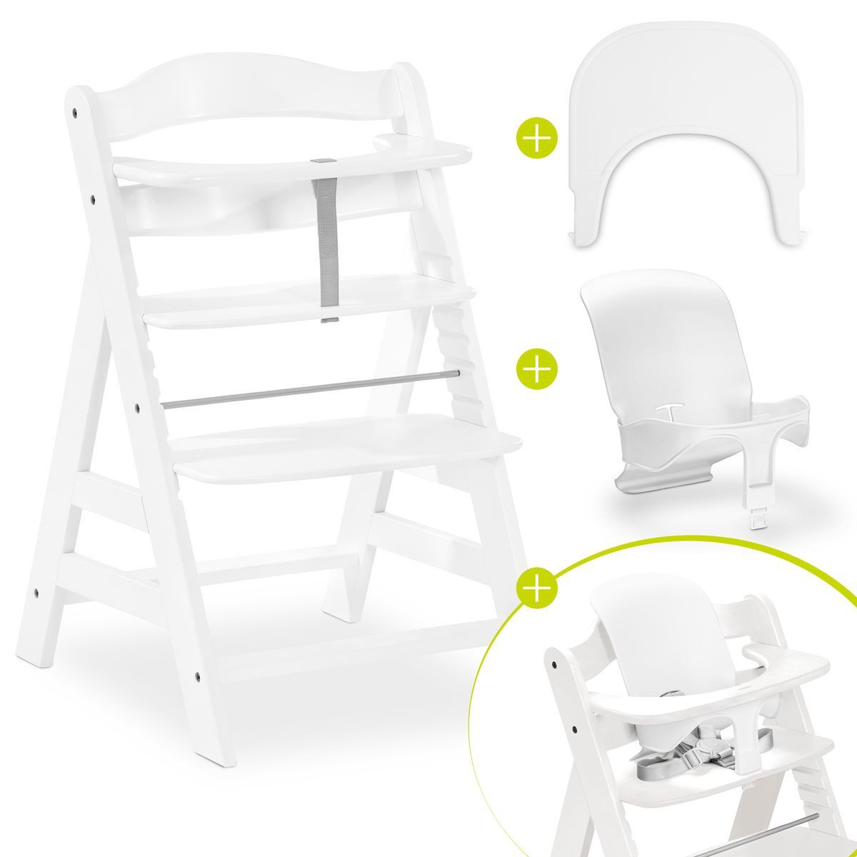 Hauck Hochstuhl Alpha Set - White, Mitwachsender Holz Kinderhochstuhl mit Essbrett Click Tray & Baby-Sitz