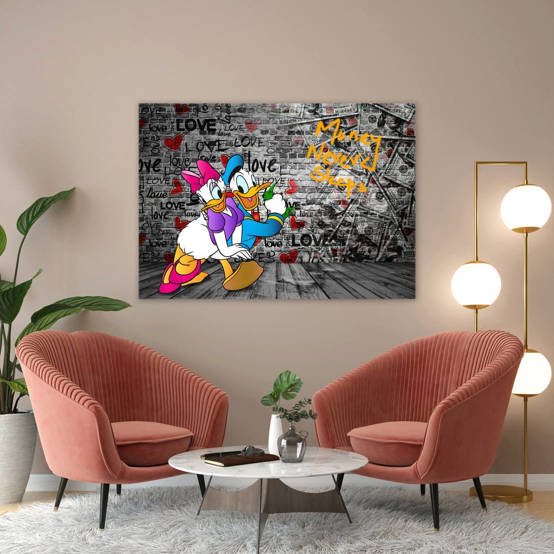 Artedinoi Leinwandbild Donald & Daisy Pop Art Wandbild Leinwandbild Deko Kunst XL, Verliebtes Comic-Enten-Paar