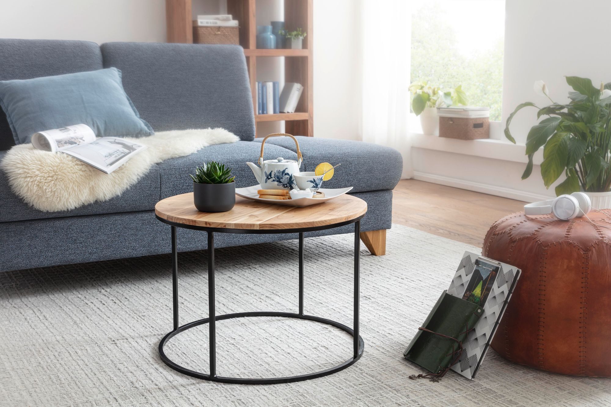 FINEBUY Couchtisch Couchtisch Akazie Massivholz rund 60cm Wohnzimmertisch H günstig online kaufen