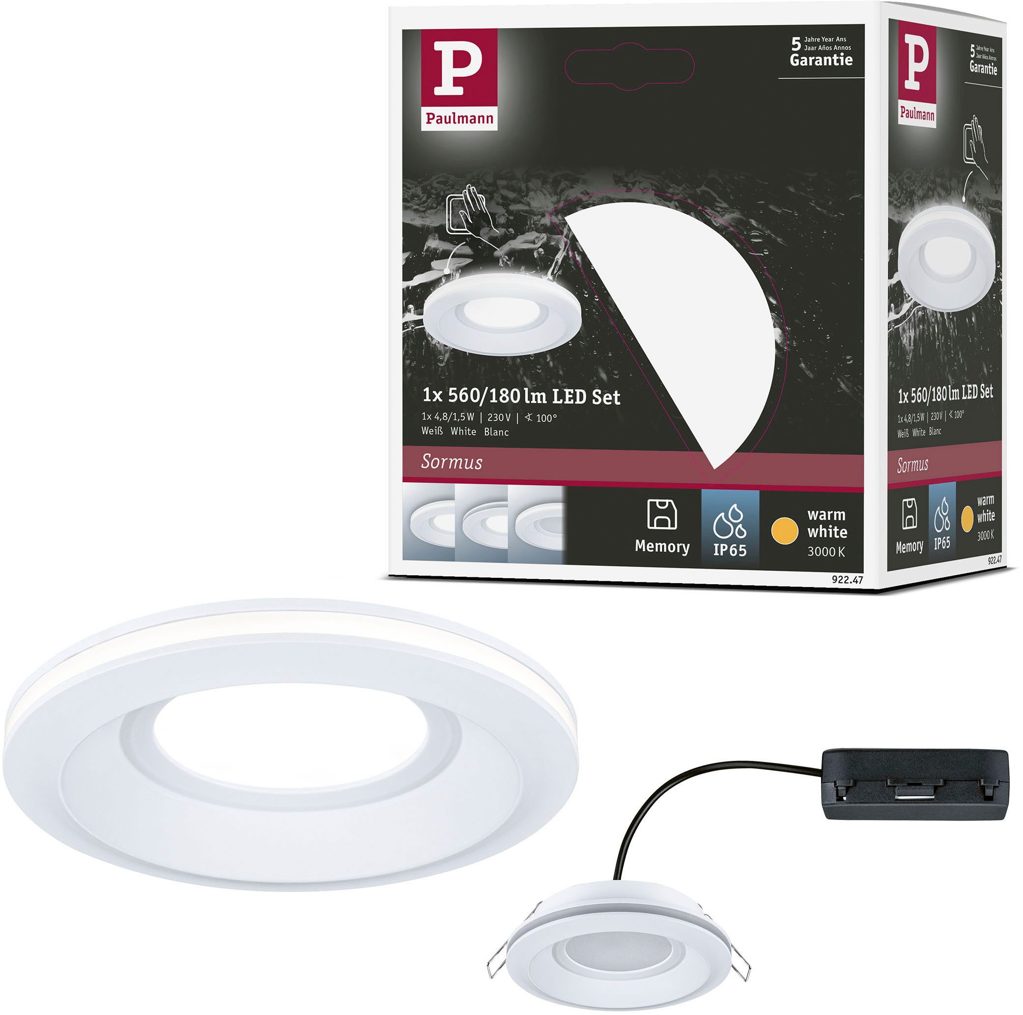 Paulmann LED Einbauleuchte LED Einbauleuchte Sormus IP65 rund 100mm, LED fest integriert, Warmweiß, Memoryfunktion