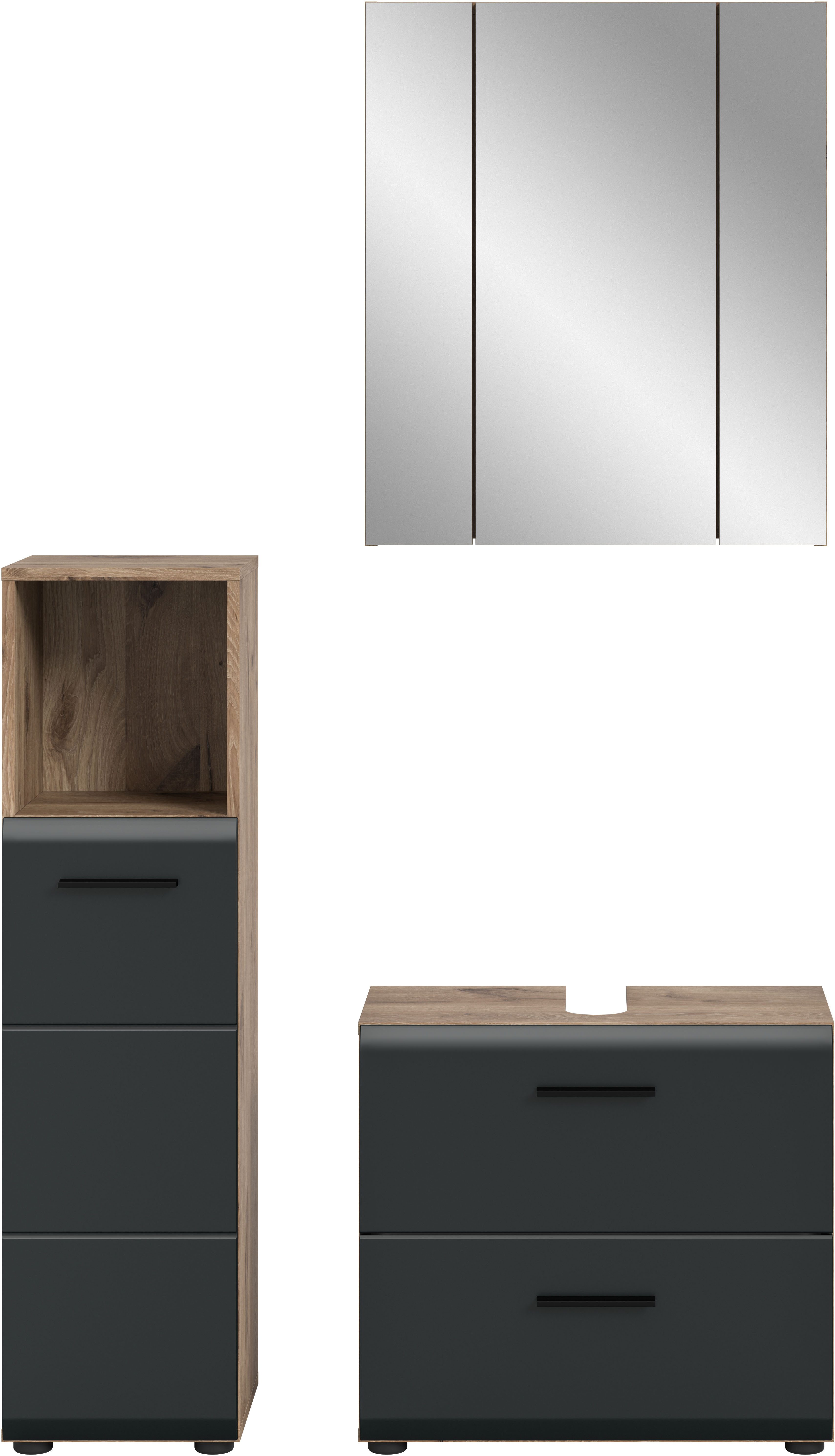 welltime Badmöbel-Set FLORENZ, 3-teilige Badkombination, hochwertige MDF-Front, (Set, 3-St., best. aus: Midischrank hoch, Waschbeckenunterschrank, Spiegelschrank), Bad-Kombination, Bad-Möbel, Badezimmer, Kombination, Kombi