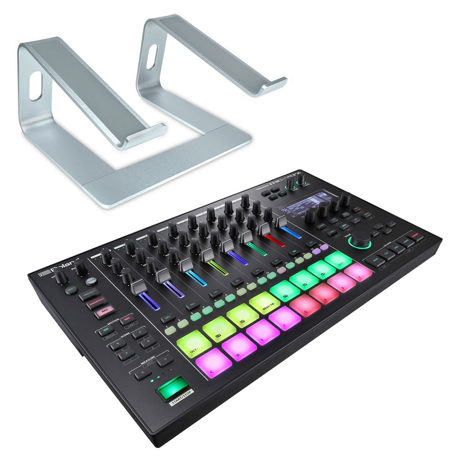 DJ Controller Roland MC-707 Groovebox mit Ständer Silber