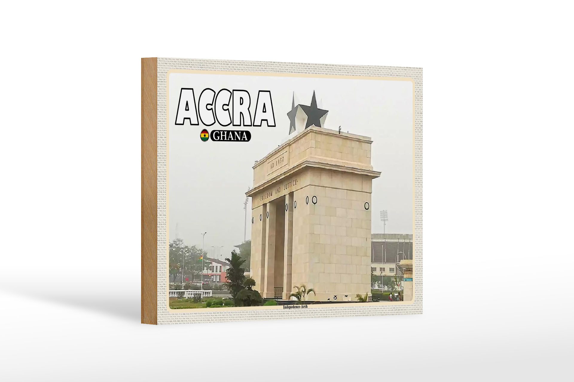 Femer GmbH Holzbild Reise 18x12 cm Accra Ghana Independence-Arche, (1 St), Glatte Holzfaserplatte (MDF), vorn beschichtet