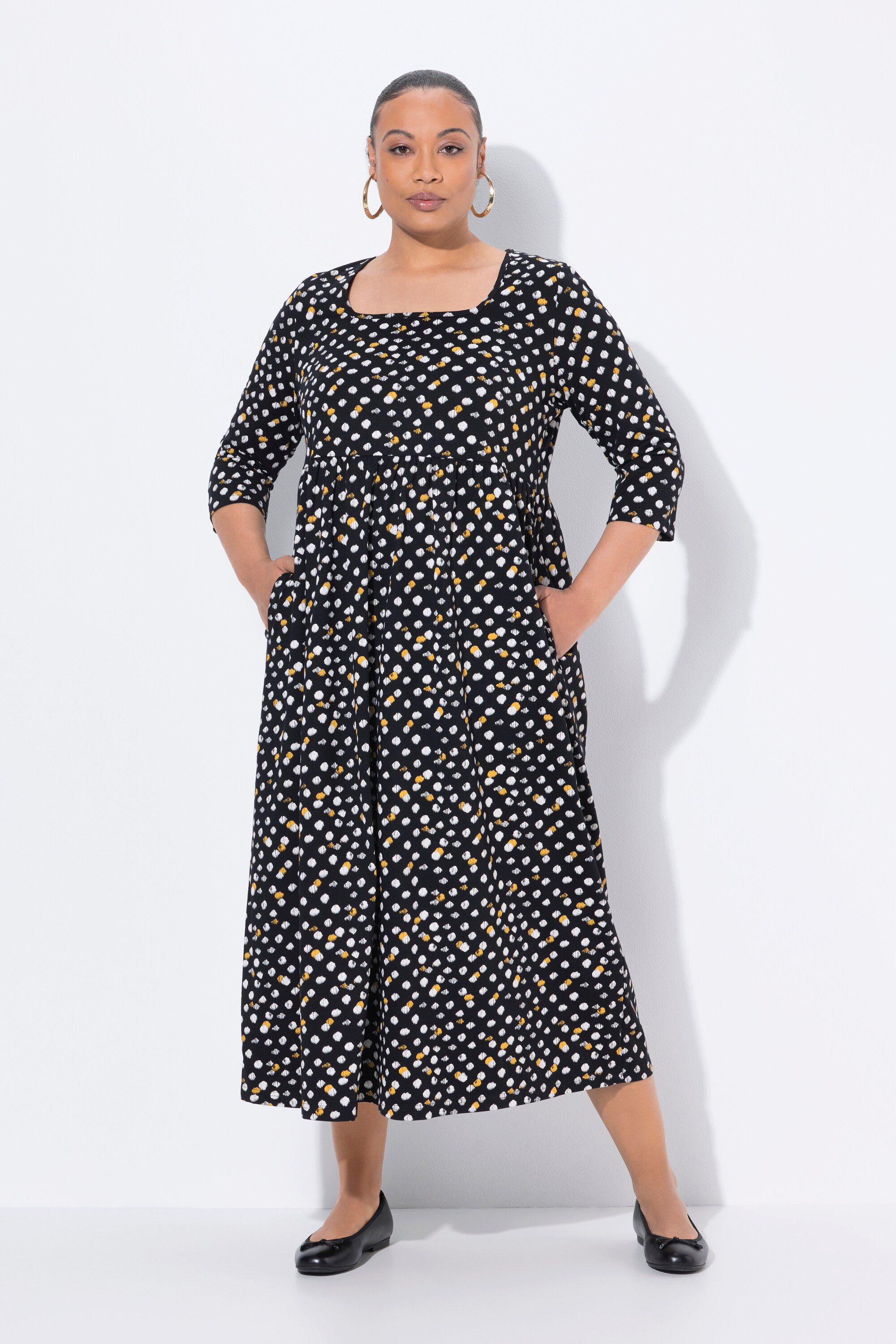 Maxikleid Maxikleid Punkte A-Linie Carree-Ausschnitt 3/4-Arm