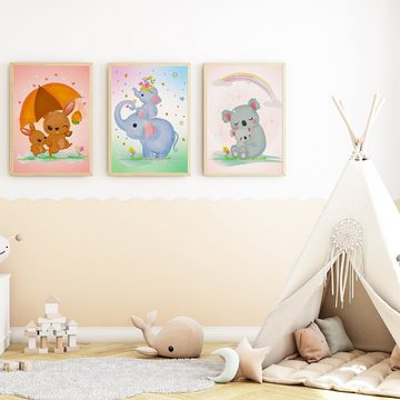 Tigerlino Poster Mama Kind Waldtiere 3er Set Kinderzimmer Wandbilder Hase Elefant Koala