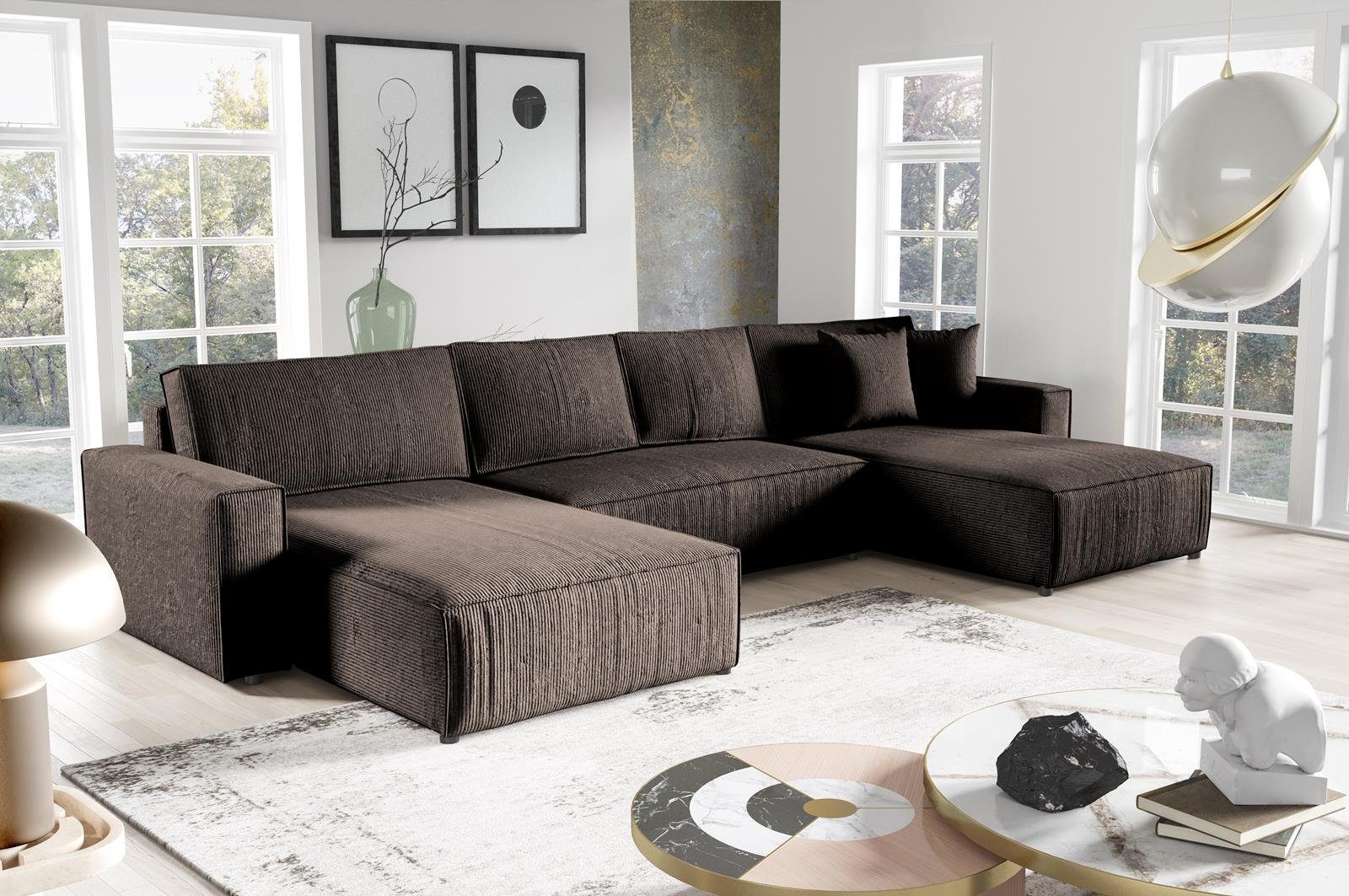 Compleo Ecksofa U, Corner 390 U-Form Funktionen Schlafsofa Braun mit cm Ecksofa BOSTON