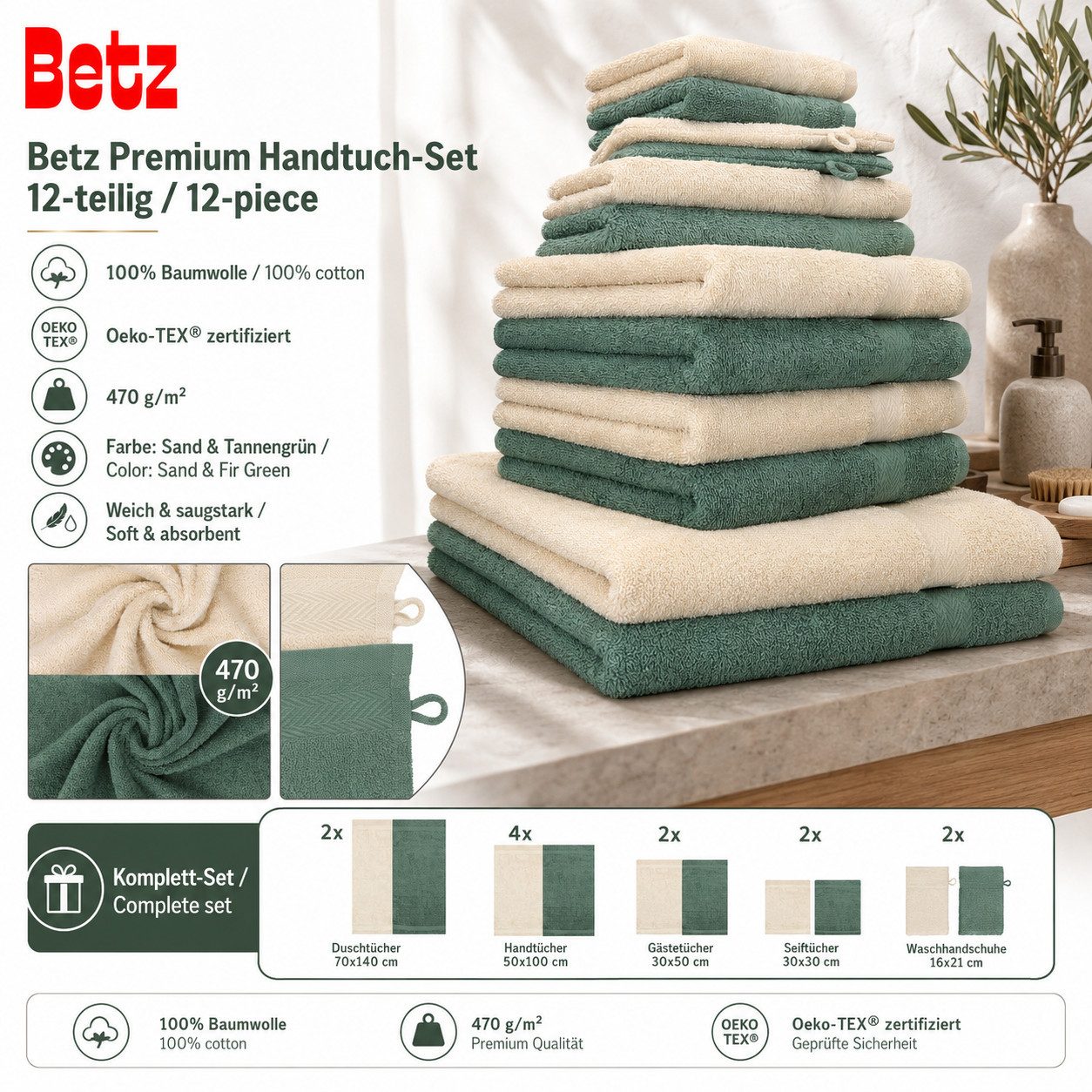 Betz Handtücher Premium Handtuch-Set 12-tlg., 100% Baumwolle (Set, 12-St), Duschtücher,Handtücher, Gästetücher, Seiftücher,Waschhandschuhe – Bild 2 von 5
