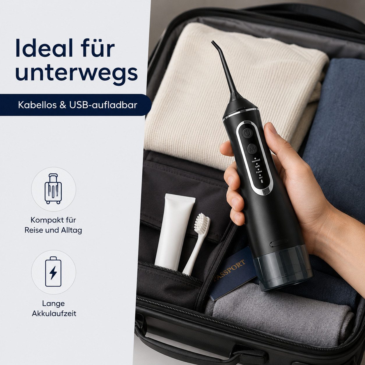 Tekoo Munddusche Munddusche elektrisch kabellos, 320ml Wassertank, 4 Modi, IP, Aufsätze: 4 St., IPX8 wasserdicht, 360° rotierbare Düse, DIY-Modus, Speicherfunktion