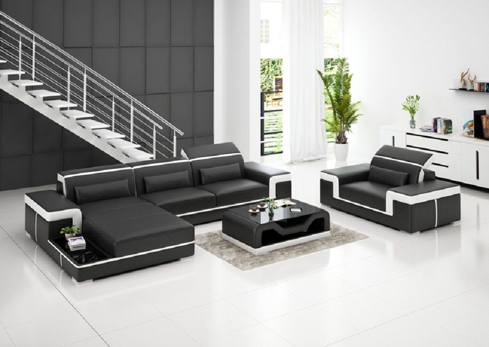 Sessel L-Form Leder JVmoebel 2tlg. Couch Ecksofa Wohnlandschaft Sofa Ecksofa, Set Schwarz/Weiß Modern