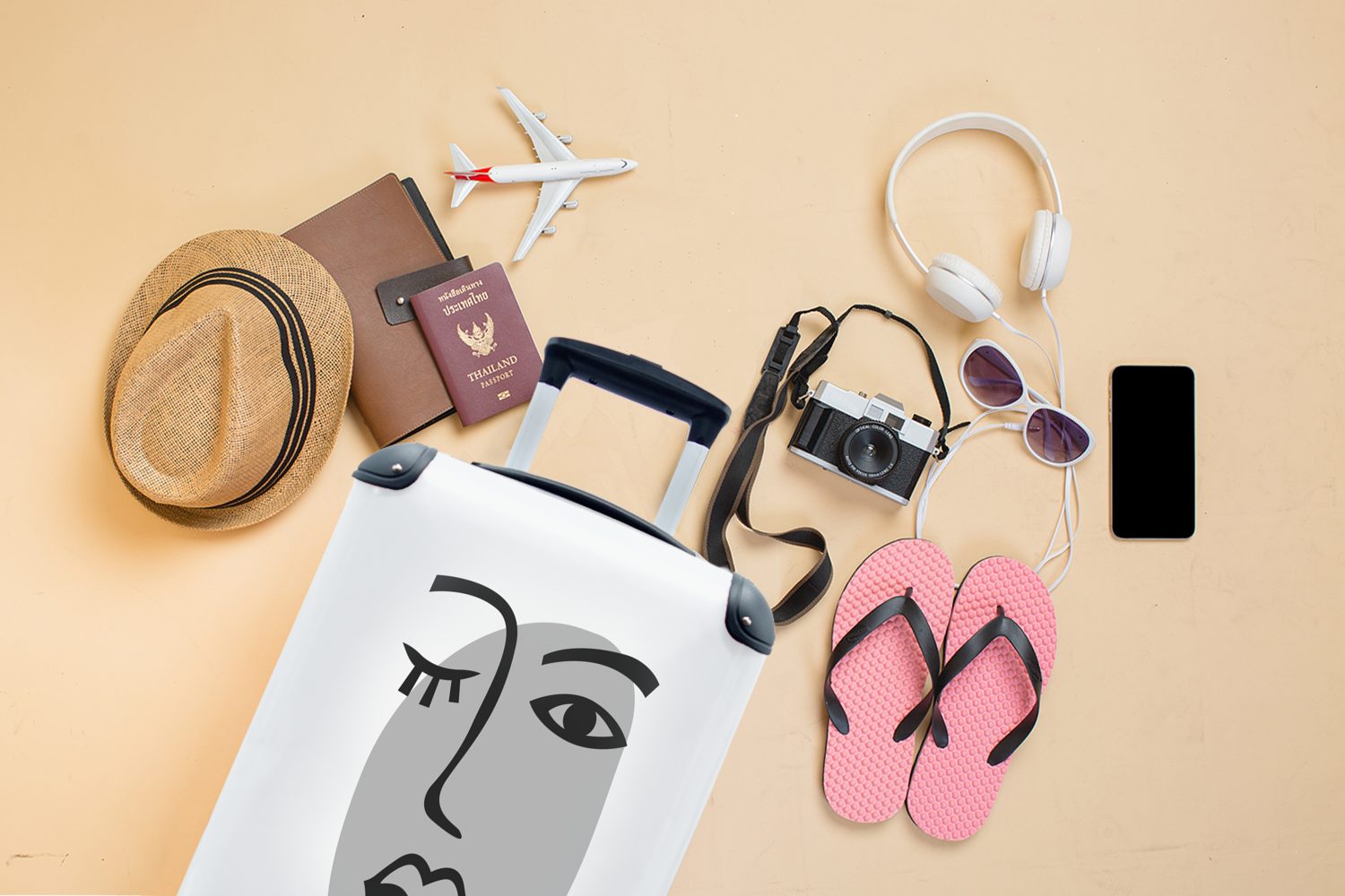 Ferien, Gesicht 4 Reisetasche Handgepäck Schwarz Rollen, - rollen, für Weiß, mit Handgepäckkoffer Reisekoffer MuchoWow Trolley, - - Frau