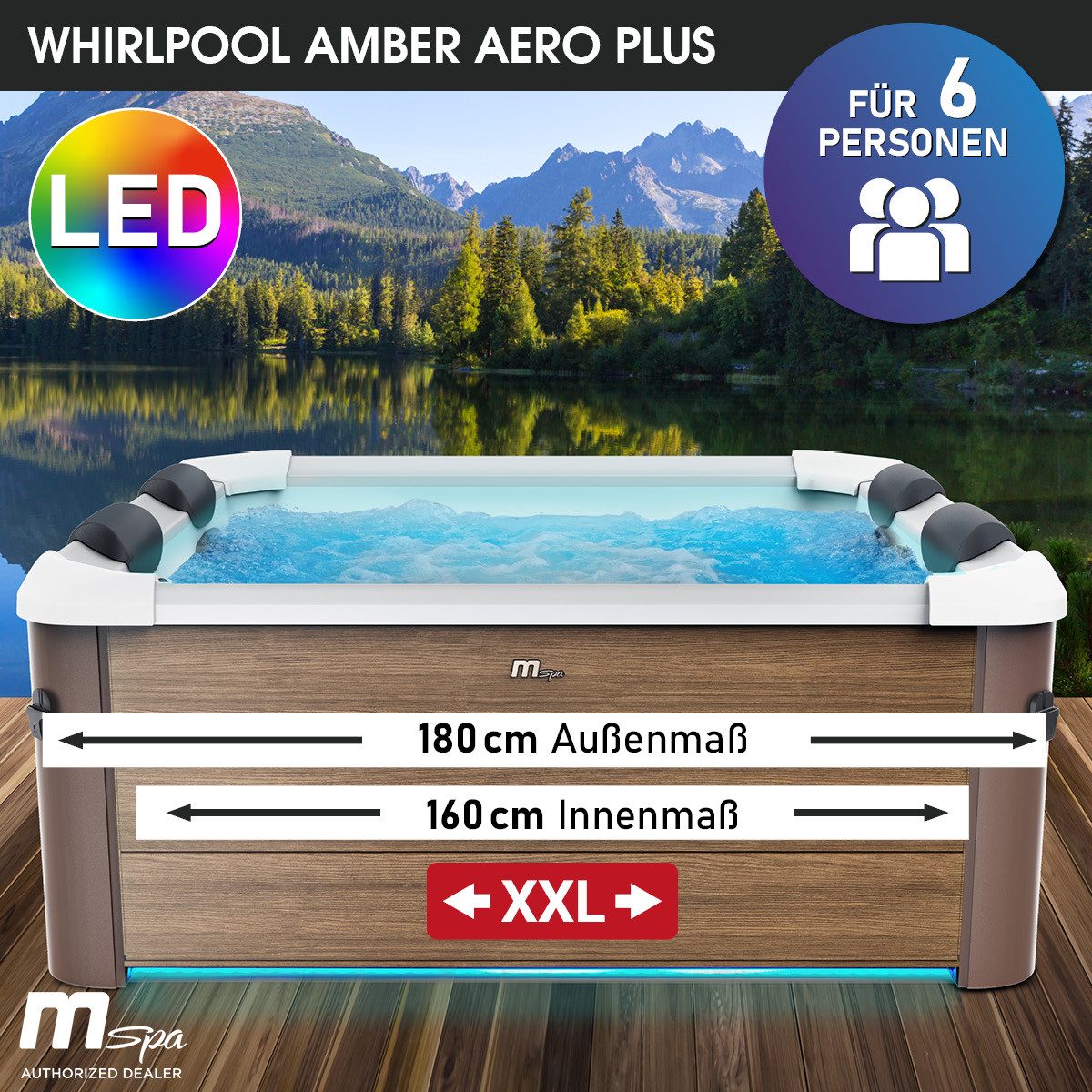 BRAST Whirlpool MSpa Oslo & Amber Aero Plus mit Fester Außenwand inkl. LED-Beleuchtung, Aufstellbecken, (für 6 Personen, 180x180x65cm, 140 Massagedüsen), Ganzjähriger Einsatz Winterfest, In & Outdoor Pool